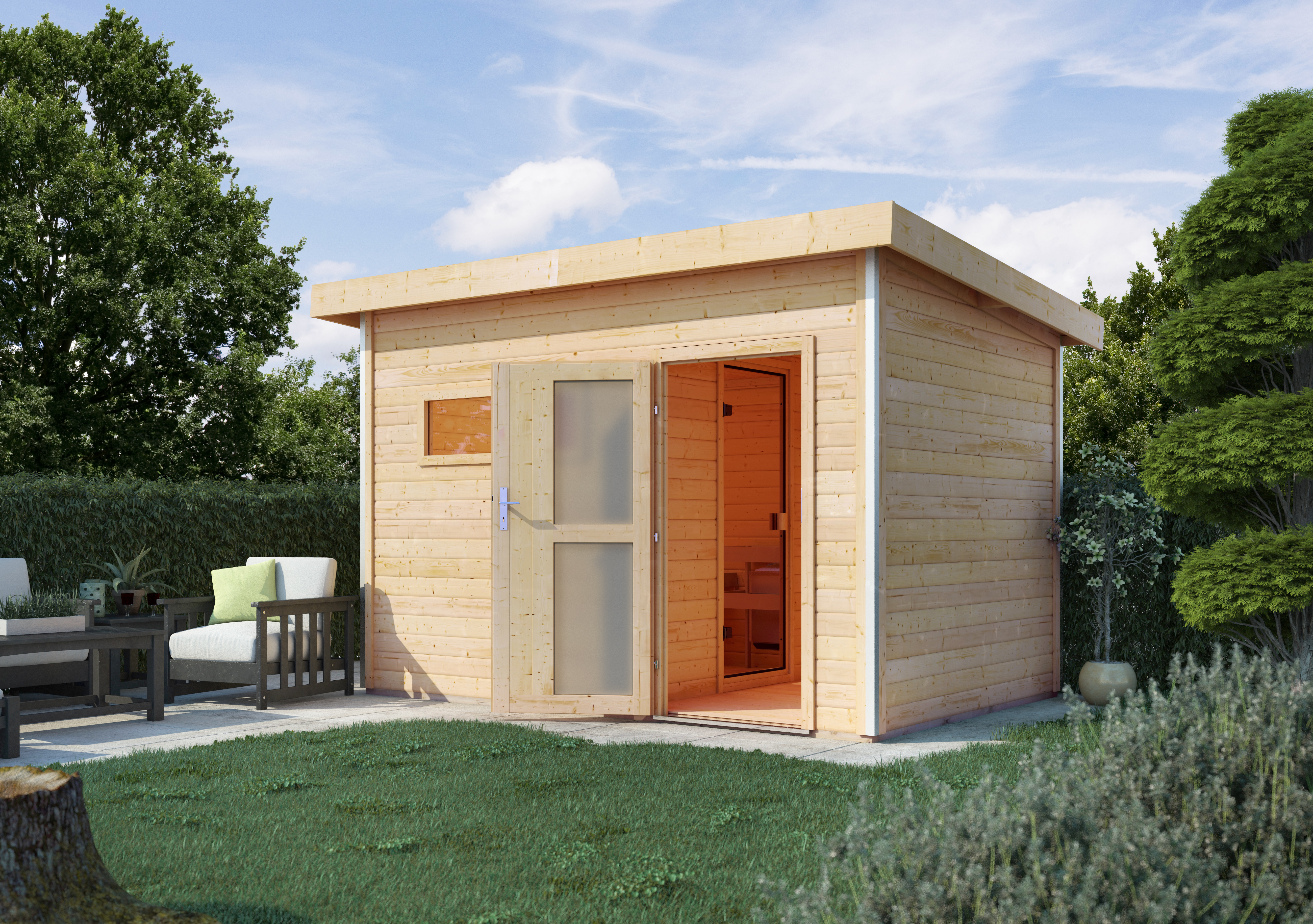Karibu Saunahaus Skrollan 2 mit Vorraum als Gartensauna aus Massivholz im Garten mit Glasfront