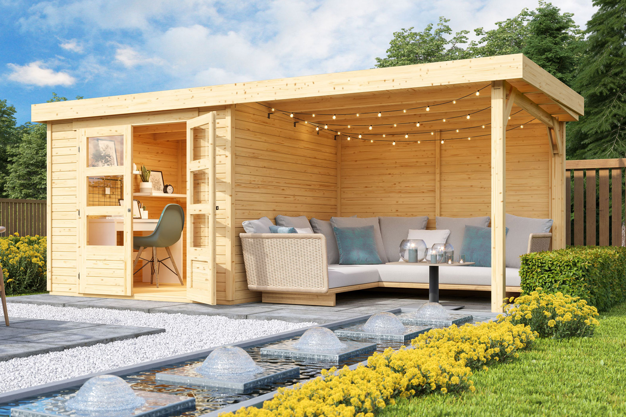 Karibu Gerätehaus Askola 3,5 in Naturbelassen und Anbaudach im Garten