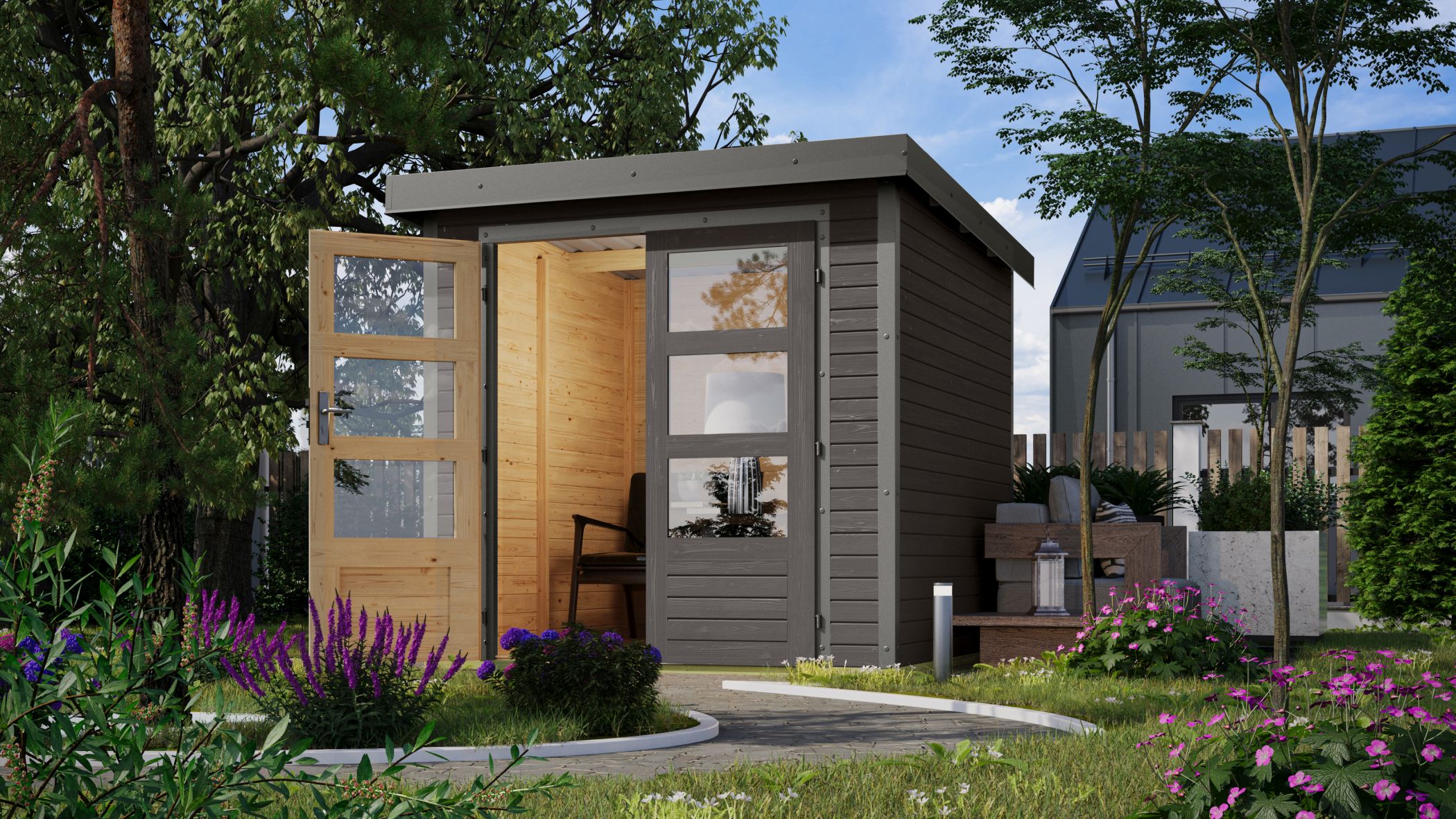 Karibu Gartenhaus Holz & Metall Jupiter 2 in Terragrau mit Metall in Graualuminium im Garten