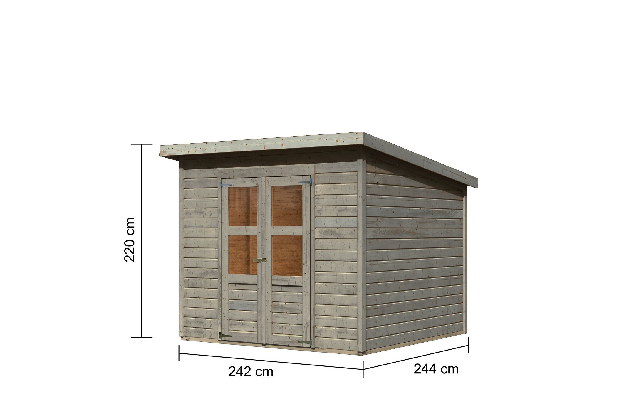 Bemaßte Maßzeichnung des Karibu Gerätehaus Merseburg 6, 242 × 244 cm