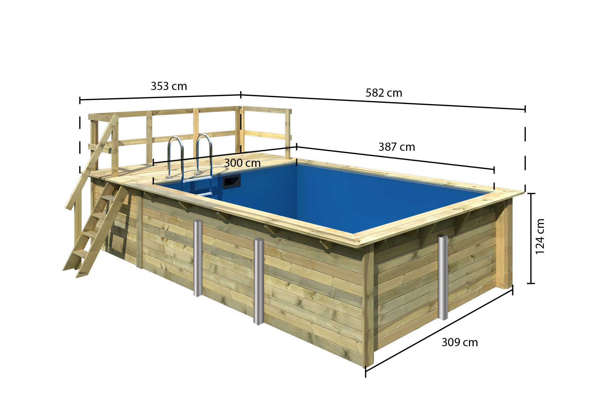 Bemaßte Maßzeichnung des Karibu Rechteck Pool 2, 309 × 396 cm