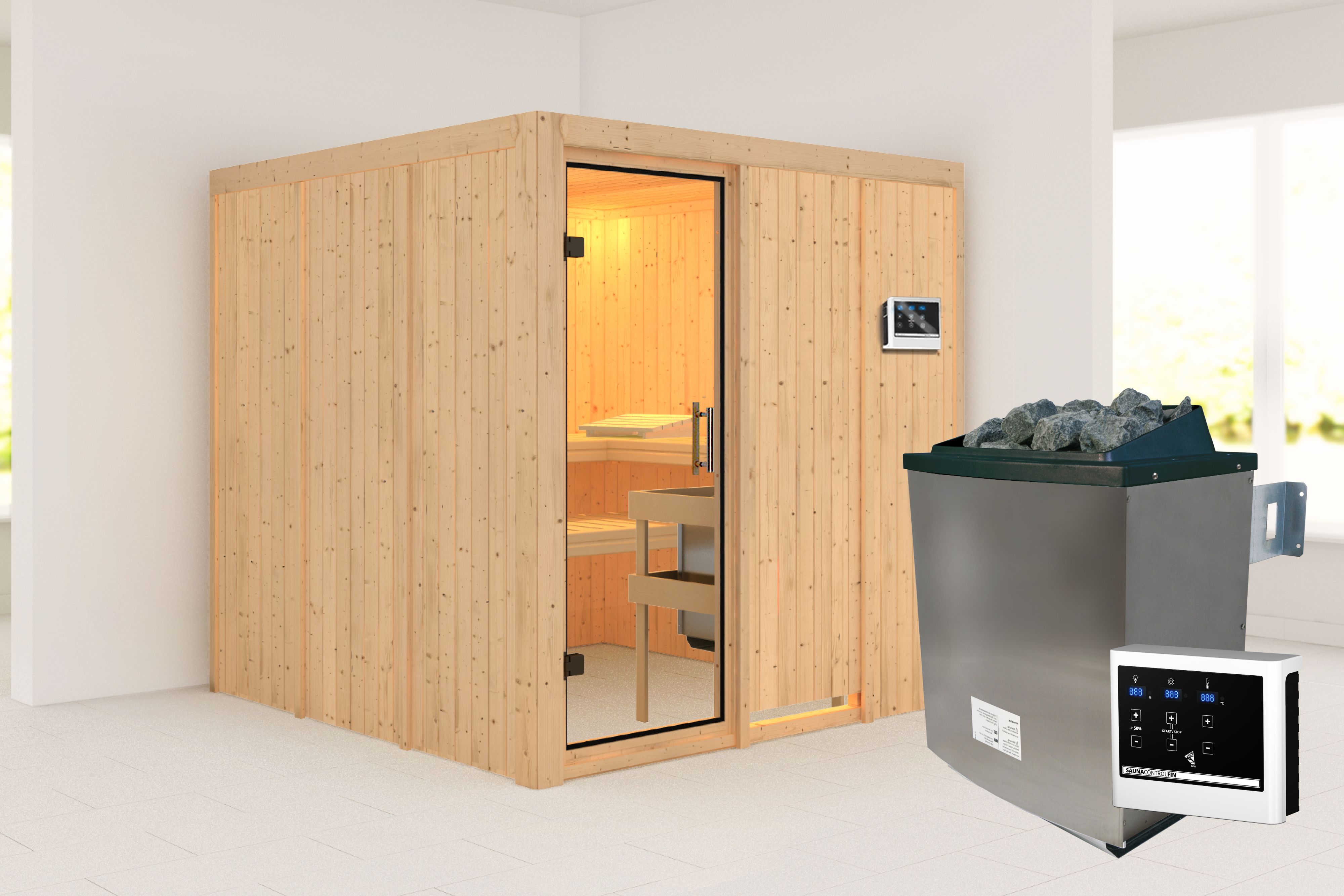 Außenansicht der Karibu Sauna Rodin aus nordischer Fichte mit Klarglas-Ganzglastür und Fronteinstieg