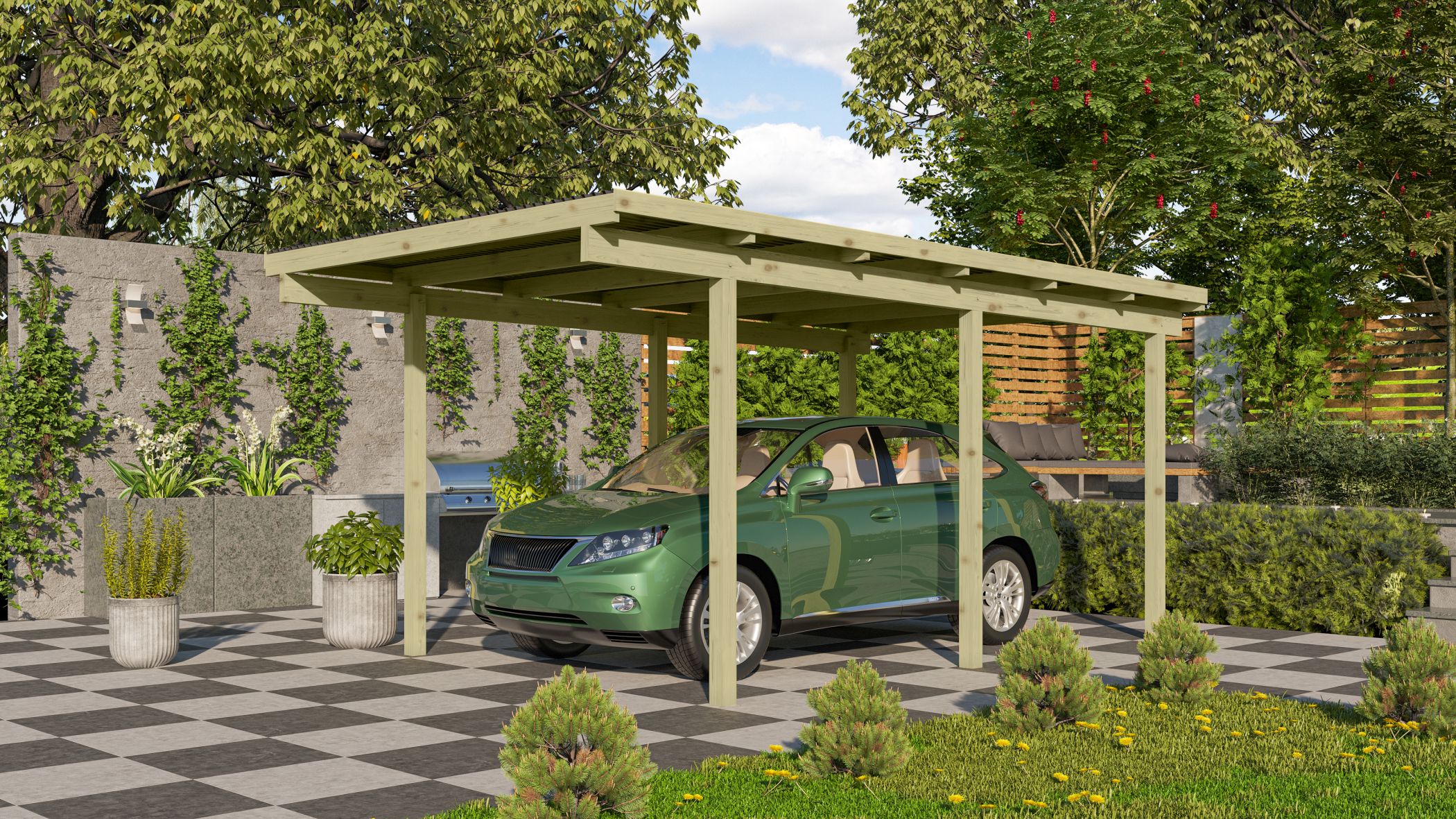 Karibu Einzelcarport BASIC 1 aus KDI-Massivholz mit Flachdach im Garten aufgebaut