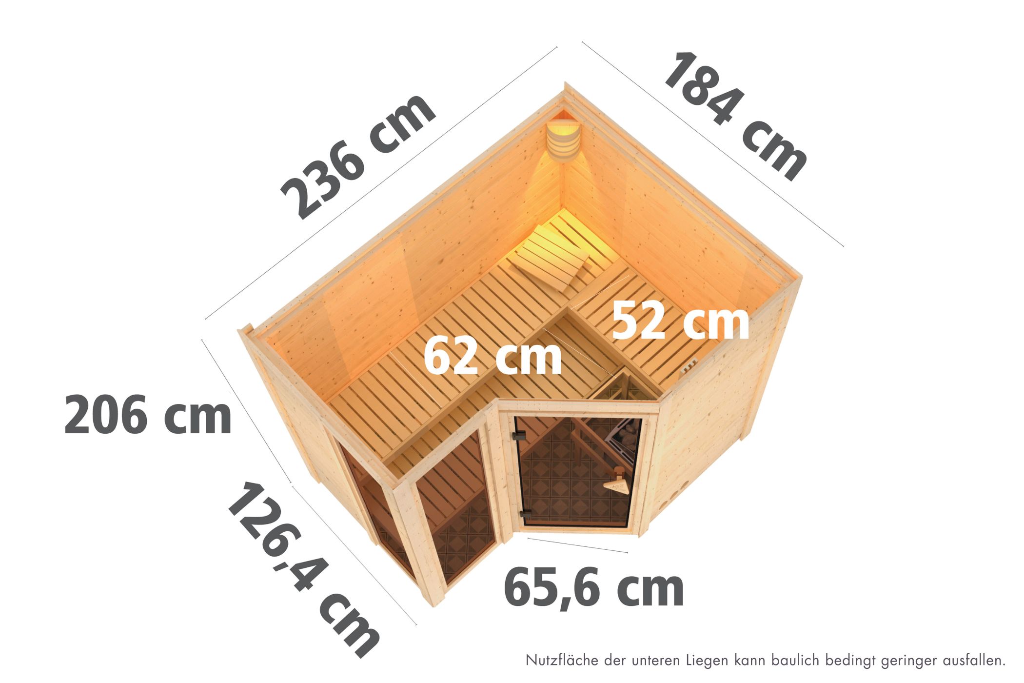 Maßzeichnung der Karibu Sauna Amara Basismodell mit Außenmaß 236 × 184 cm und Höhe 209 cm