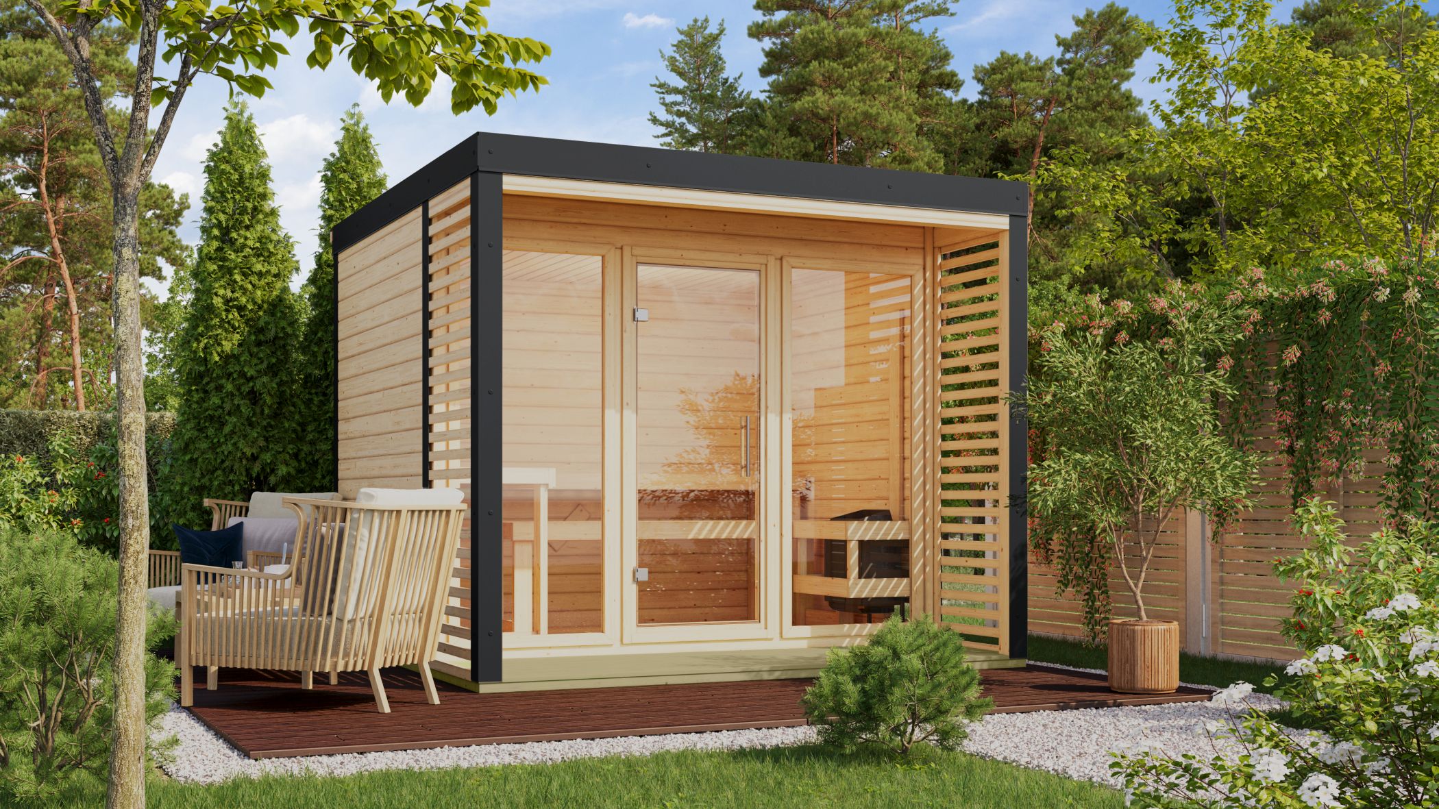 Detailansicht einer Karibu Sauna aus nordischer Fichte