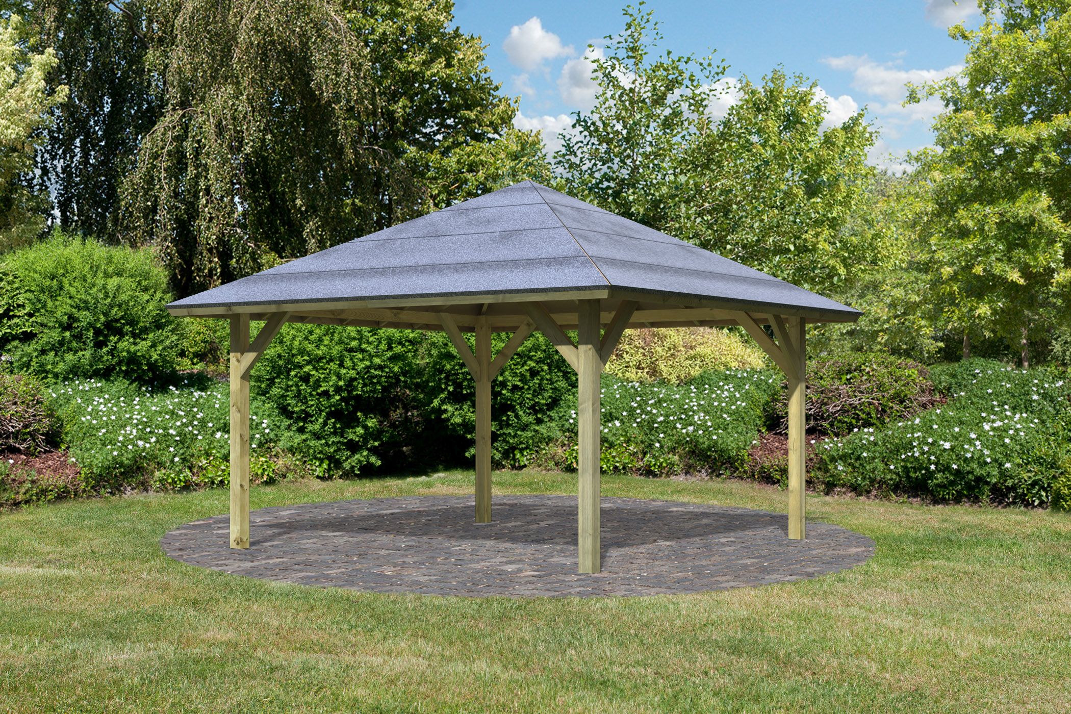 Außenansicht des Karibu Pavillon Holm 1 aus KDI-Massivholz mit Walmdach im Garten aufgebaut