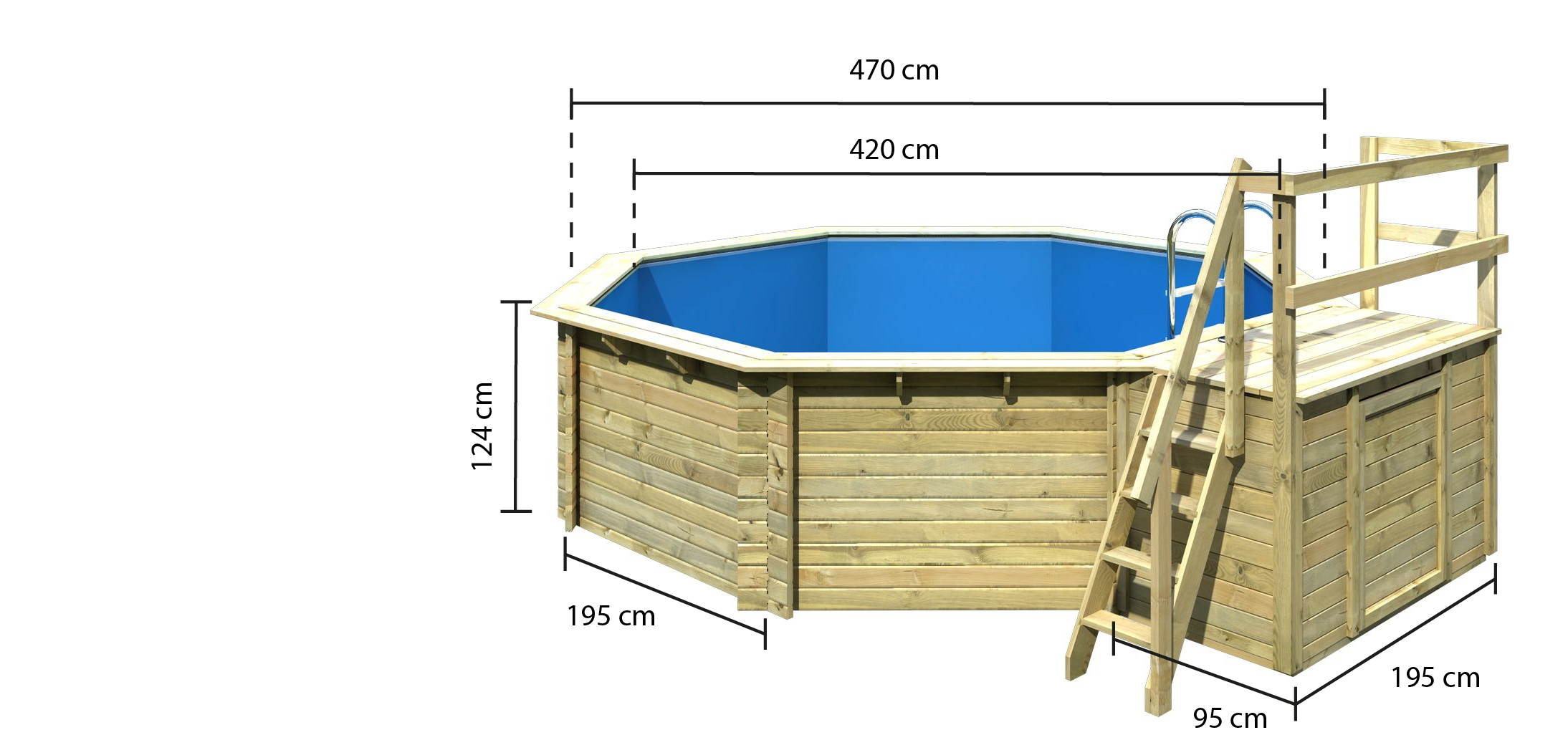 Bemaßte Maßzeichnung des Karibu Pool Modell 2, 428 × 428 cm