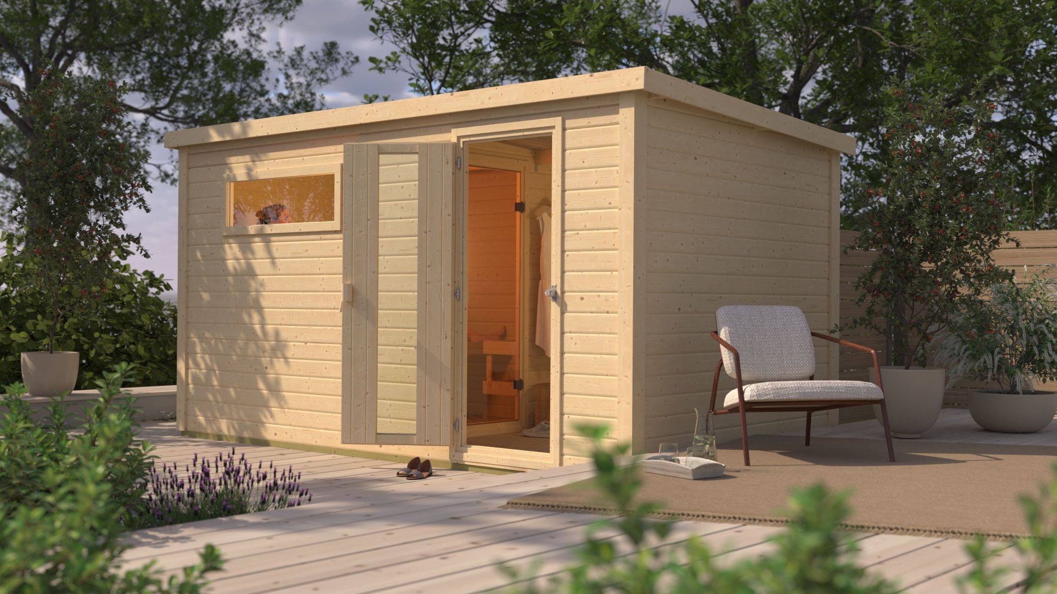 Karibu Saunahaus Hytti 6 als Gartensauna aus Massivholz im Garten mit Glasfront