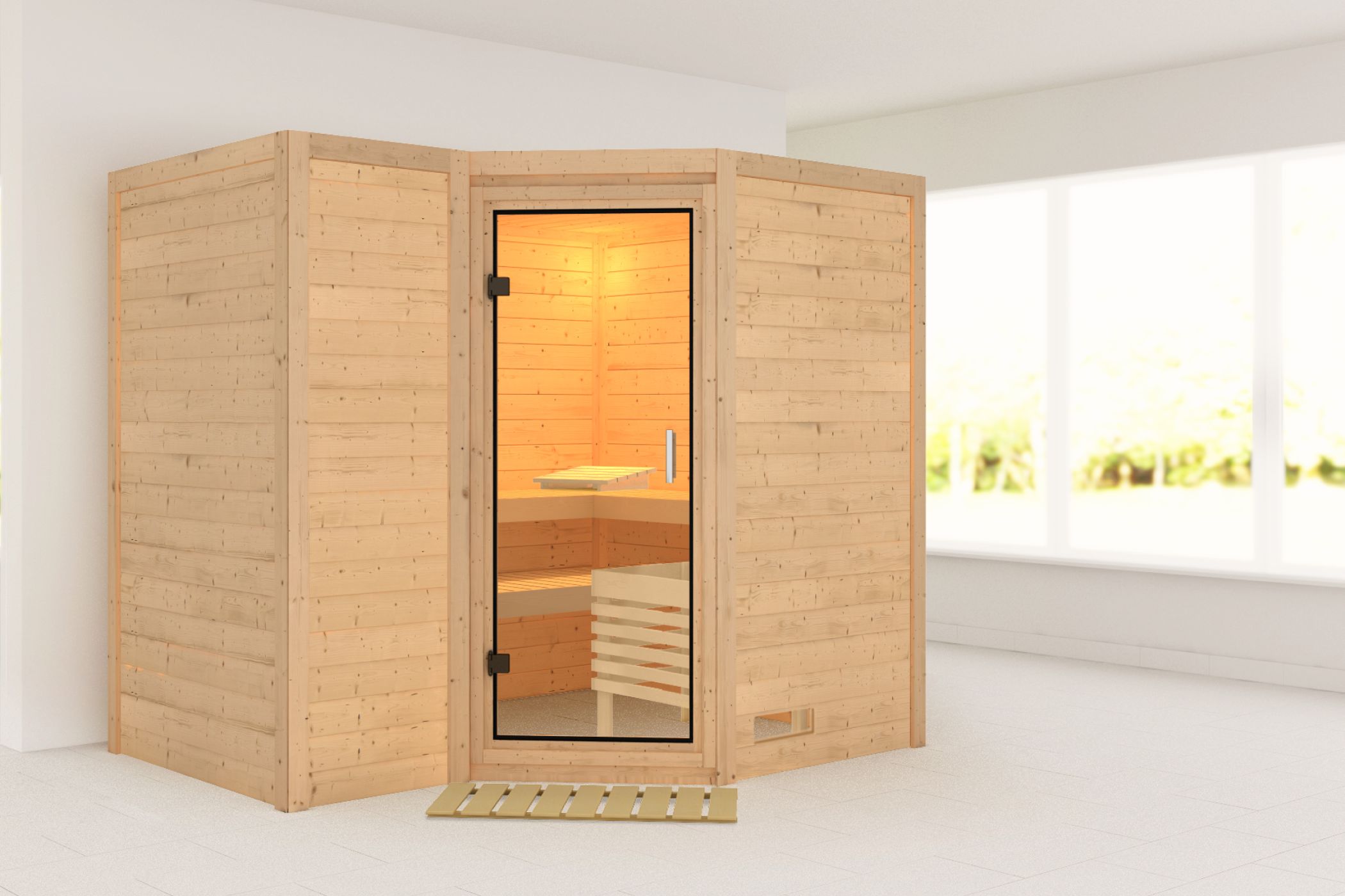 Außenansicht der Karibu Sauna Sahib 2 aus nordischer Fichte mit Klarglas-Ganzglastür und Fronteinstieg