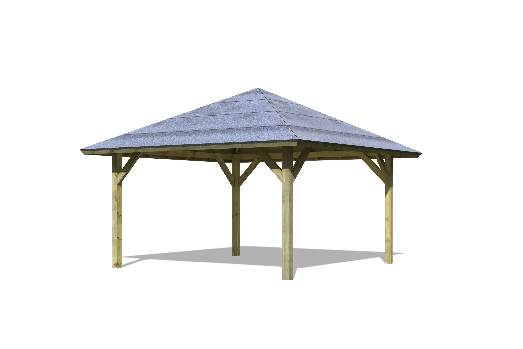 Freistellende Außenansicht des Karibu Pavillon Holm 1 aus KDI-Massivholz mit Walmdach