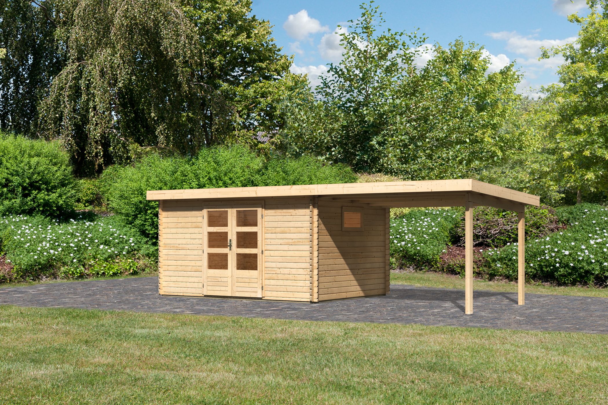 Ausstattungsübersicht des Karibu Gartenhaus Trittau 5 in 38-mm-Blockbohlenbauweise mit Doppelflügeltür und Massivholzdach