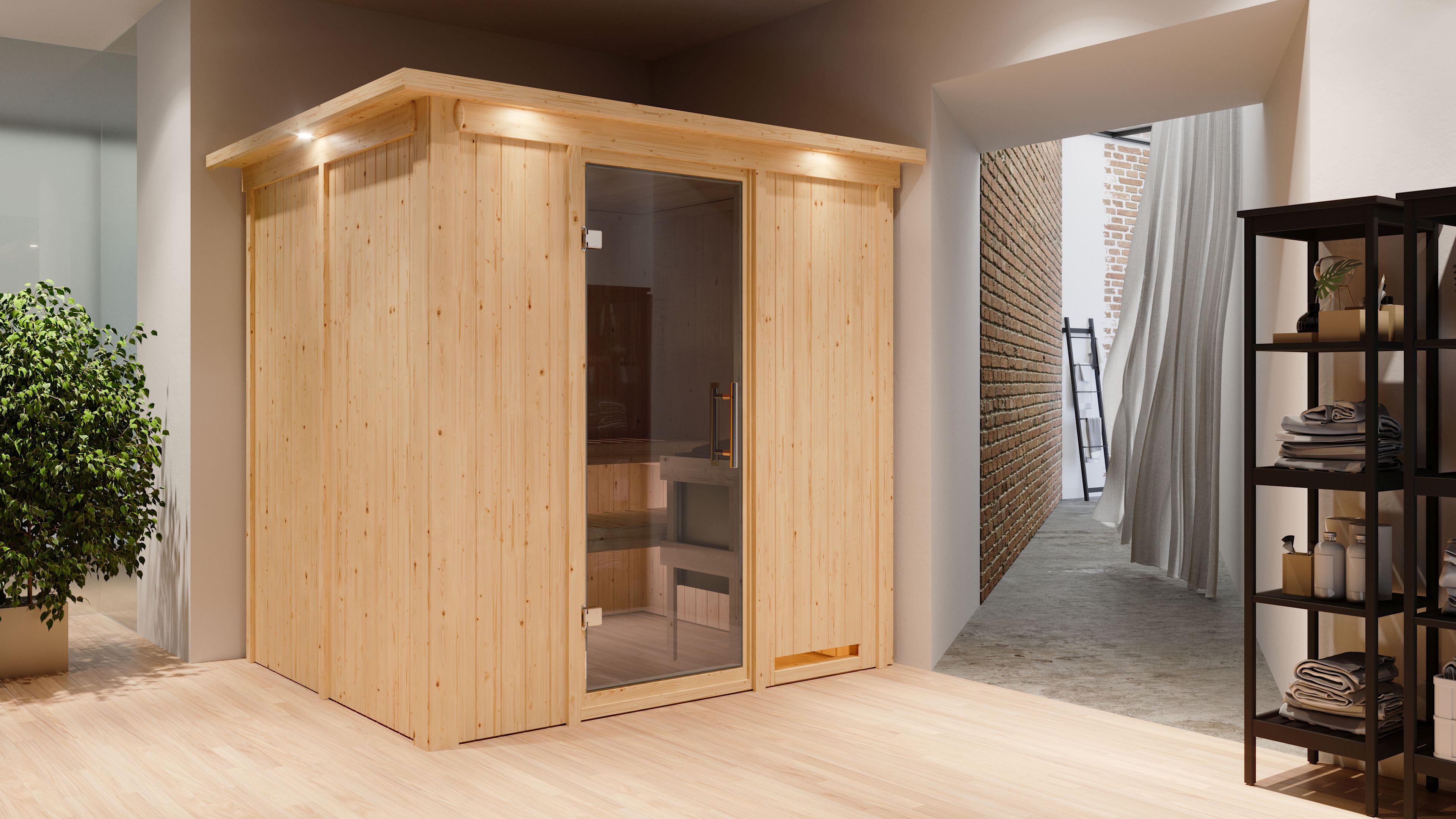 Karibu Sauna Sodin als hochwertige Sauna aus nordischer Fichte im Wohnraum-Ambiente