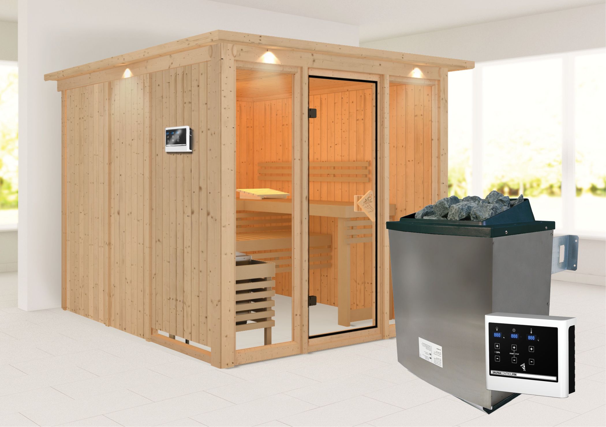 Außenansicht der Karibu Sauna Askja aus nordischer Fichte mit Ganzglastür und Fronteinstieg