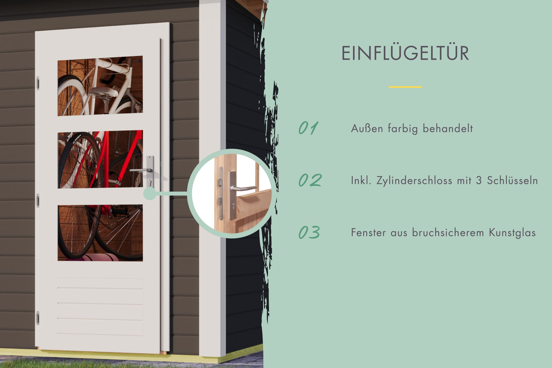 Doppelflügeltür des Karibu Gartenhaus Schönbuch 2 mit Zylinderschloss und Kunstglas