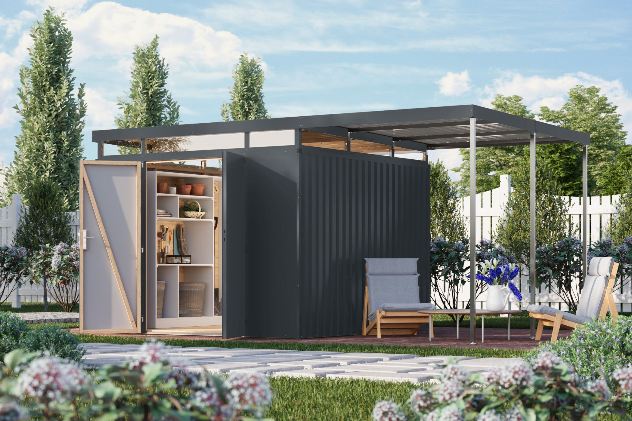 Karibu großes Gerätehaus aus Metall Aurum 3,5 in Anthrazit im Garten