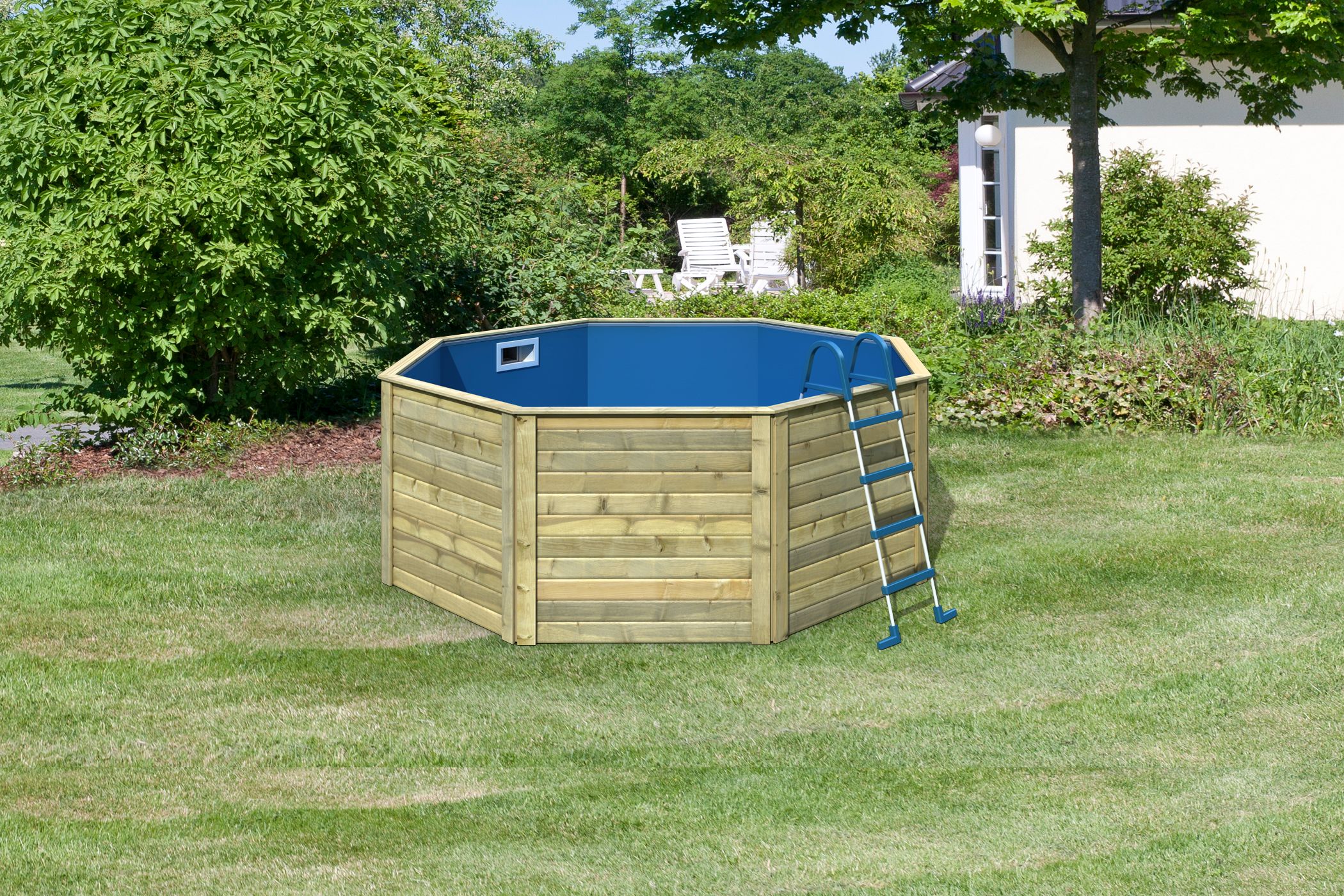 Karibu Pool Modell X0 ca. 3,3x3,3m aus Holz (kesseldruckimprägniert) aus Holz, im Garten aufgebaut
