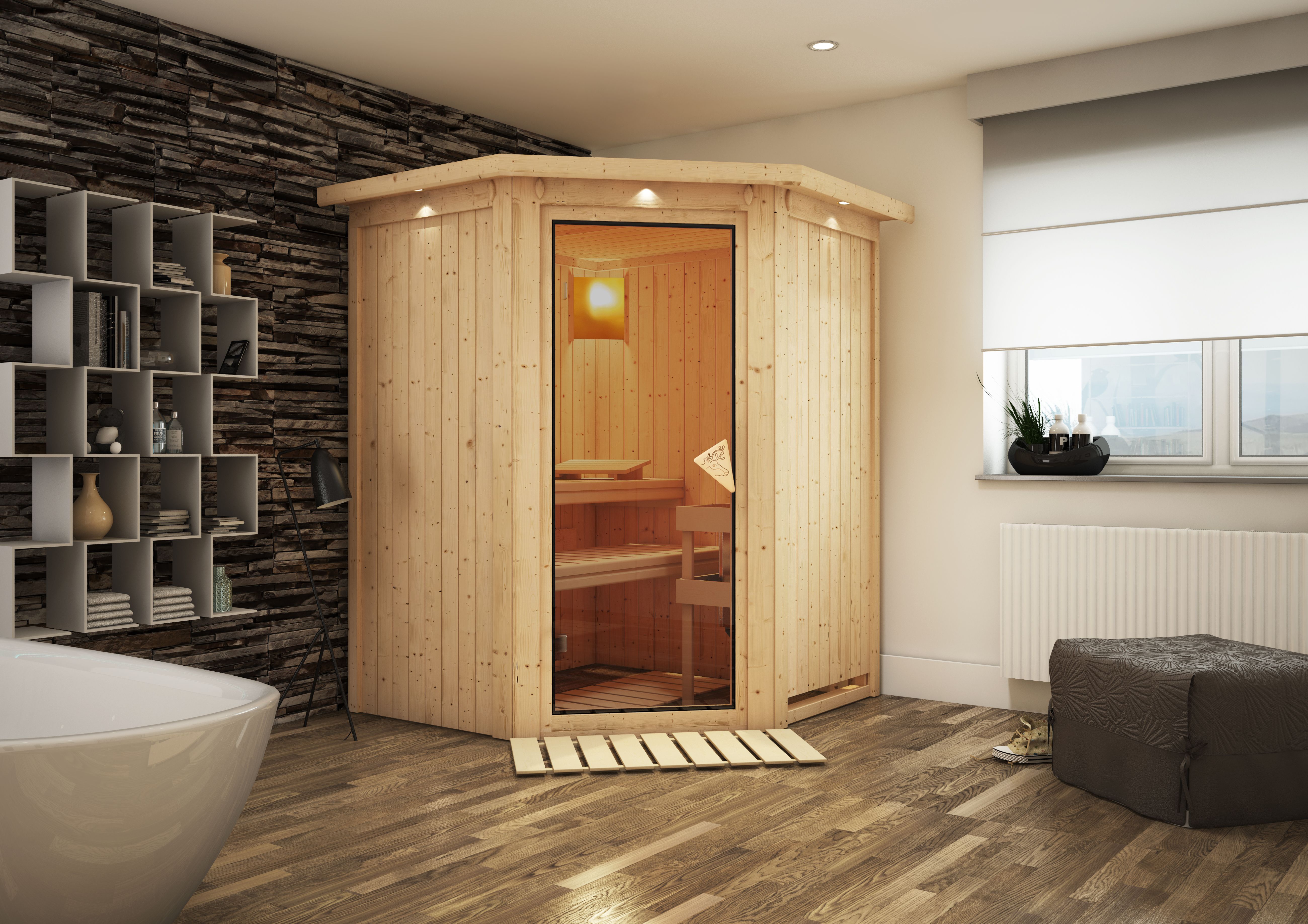 Karibu Sauna Larin als stimmungsvoller Wellnessbereich in einem modern eingerichteten Wohnraum