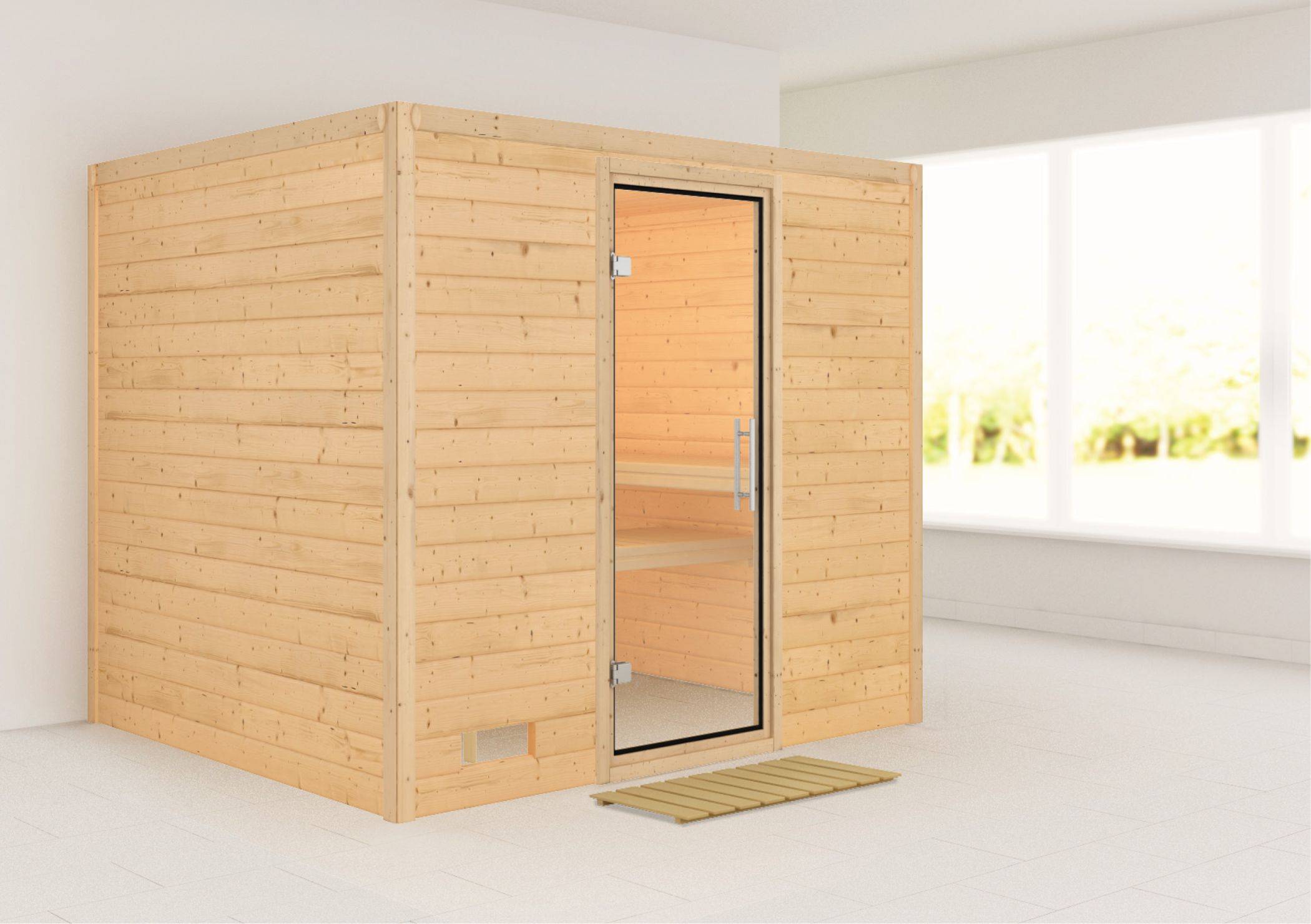 Außenansicht der Karibu Sauna Sonara aus nordischer Fichte mit Klarglas-Ganzglastür und Fronteinstieg