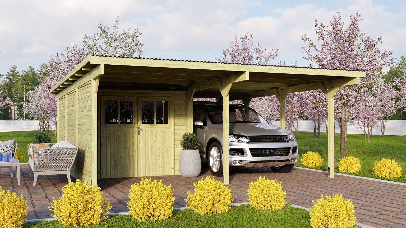 Karibu Doppelcarport BASIC 2 aus KDI-Massivholz mit Flachdach im Garten aufgebaut