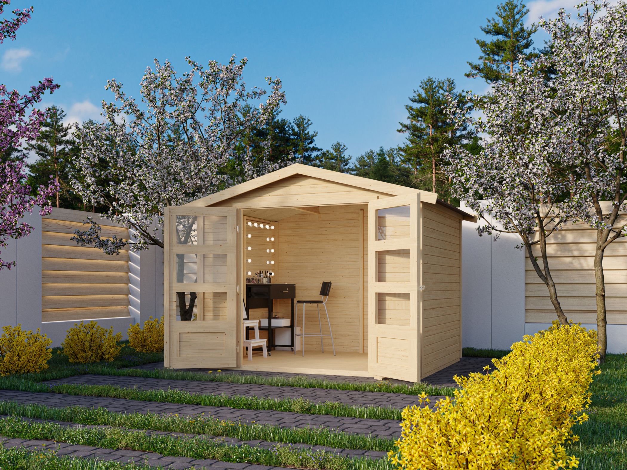 Karibu Gerätehaus Amberg 3 mit Anbaudach im Garten