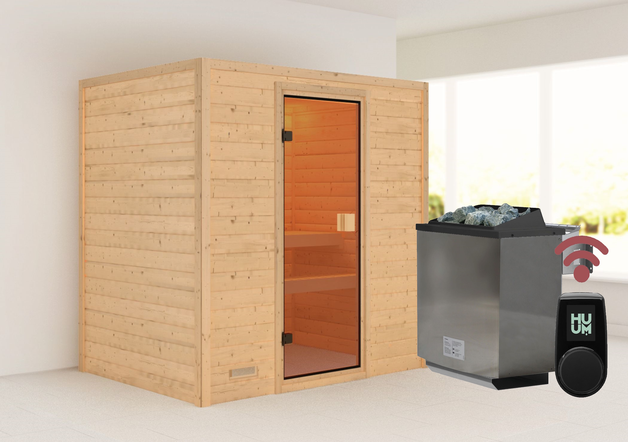 Außenansicht der Karibu Sauna Valida 2 Fronteinstieg aus nordischer Fichte mit Ganzglastür und Fronteinstieg