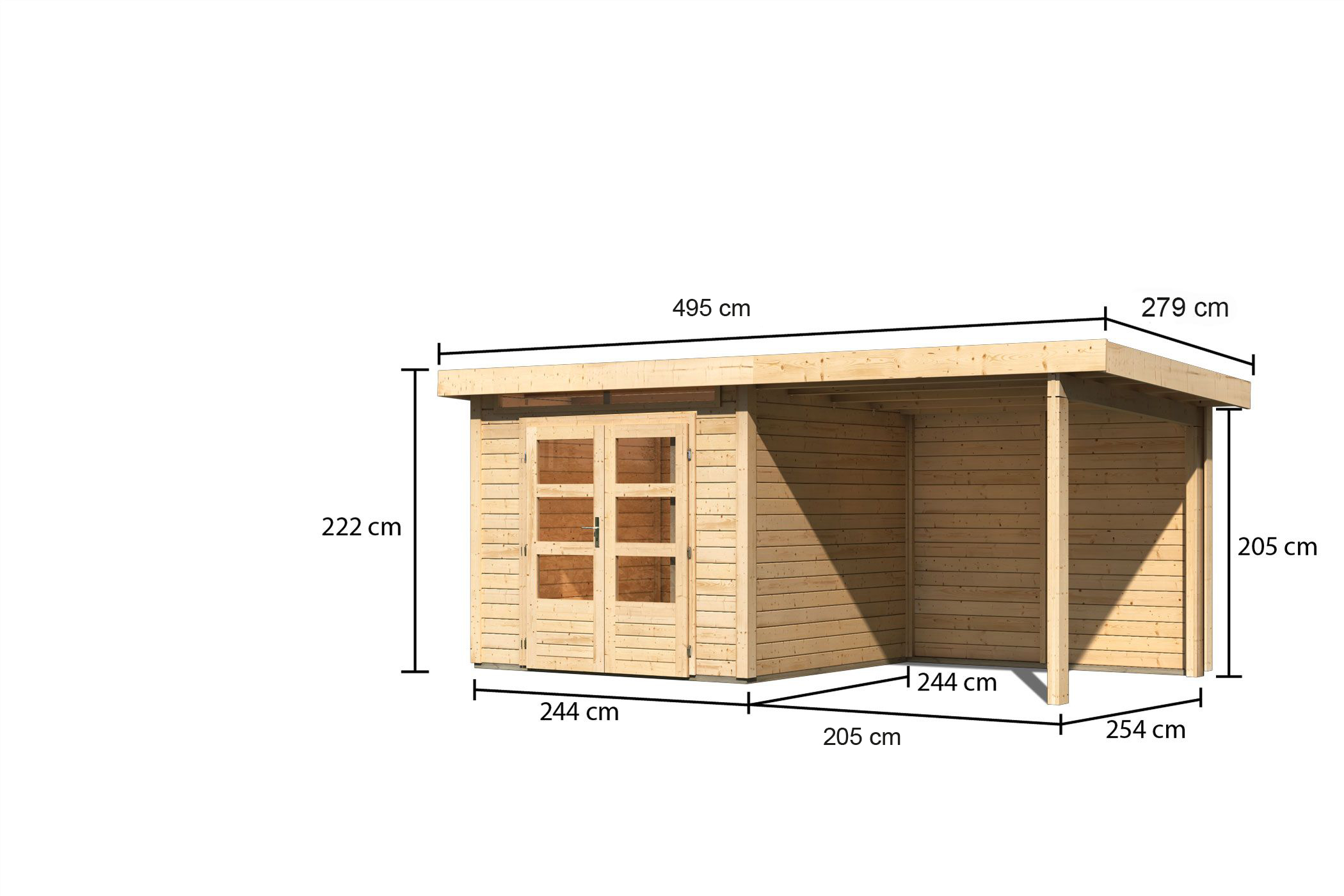 Bemaßte Maßzeichnung des Karibu Gartenhaus Kandern 3 mit Anbaudach, 495 × 273 cm