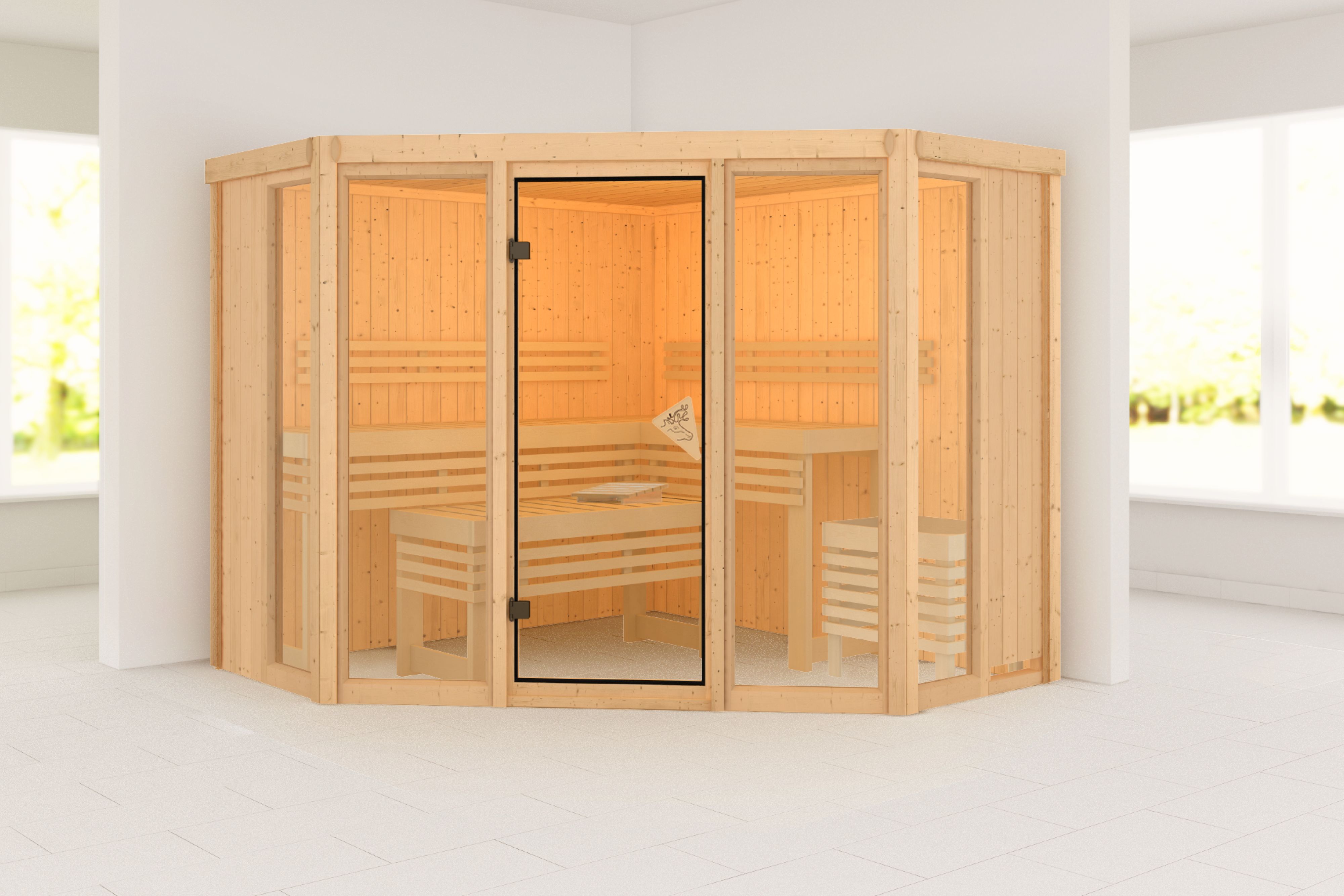 Außenansicht der Karibu Sauna Alcinda aus nordischer Fichte mit Ganzglastür und Fronteinstieg