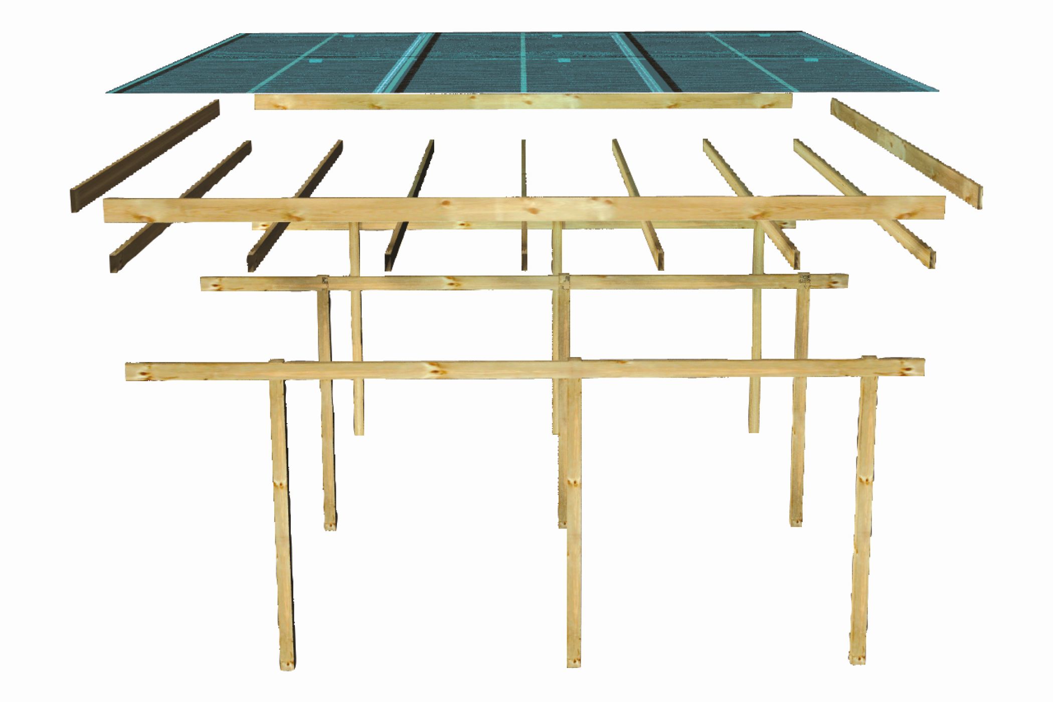 Aufbaudarstellung des Karibu Einzelcarport BASIC 2 mit Pfosten, Trägerbalken und Dachplatten im Überblick