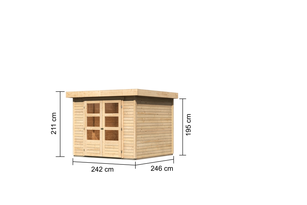 Bemaßte Maßzeichnung des Karibu Gerätehaus Askola 3,5 mit Bemaßung