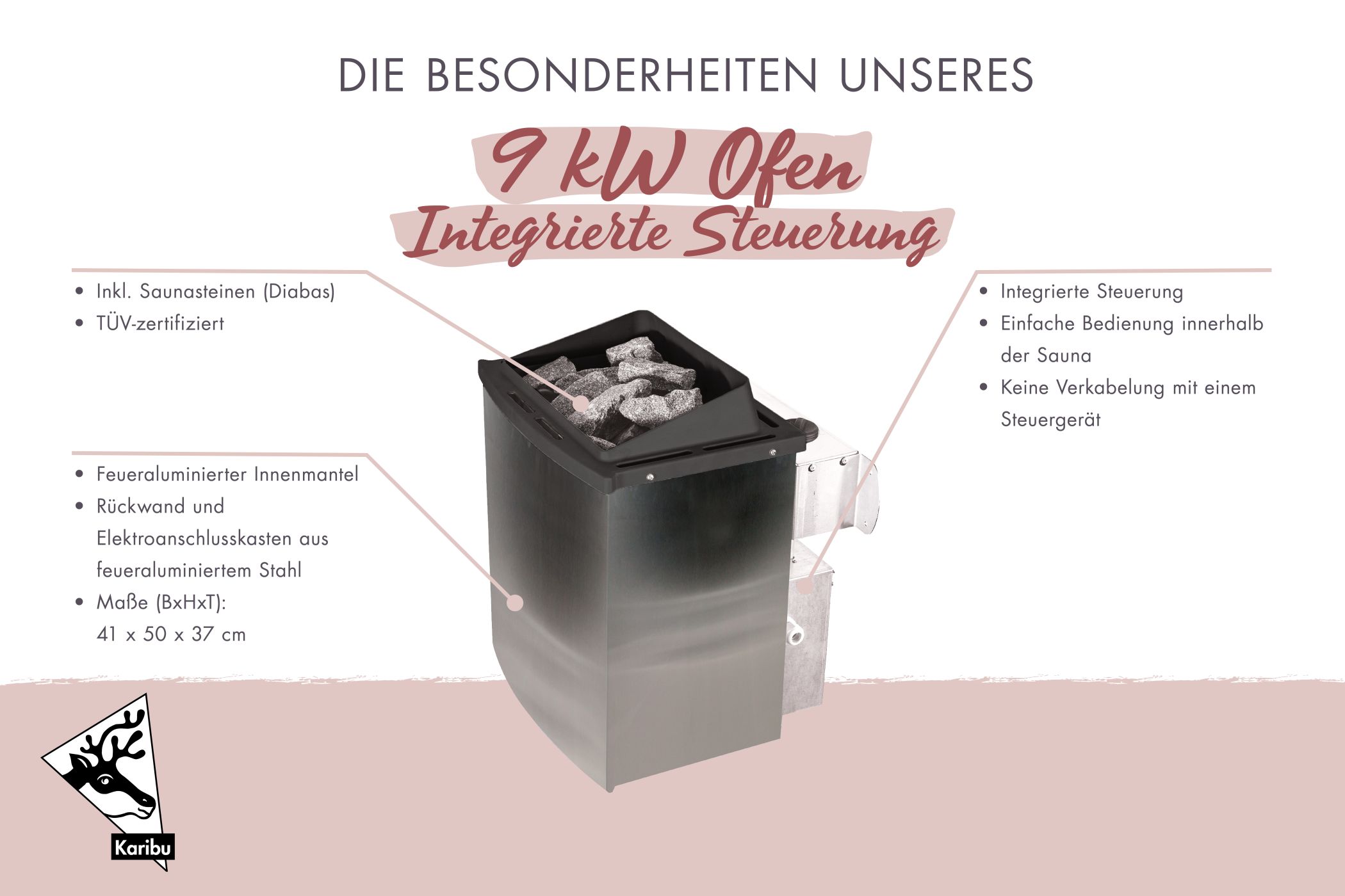 Saunaofen mit 9 kW und integrierter Steuerung aus Edelstahl inklusive Diabas-Saunasteinen