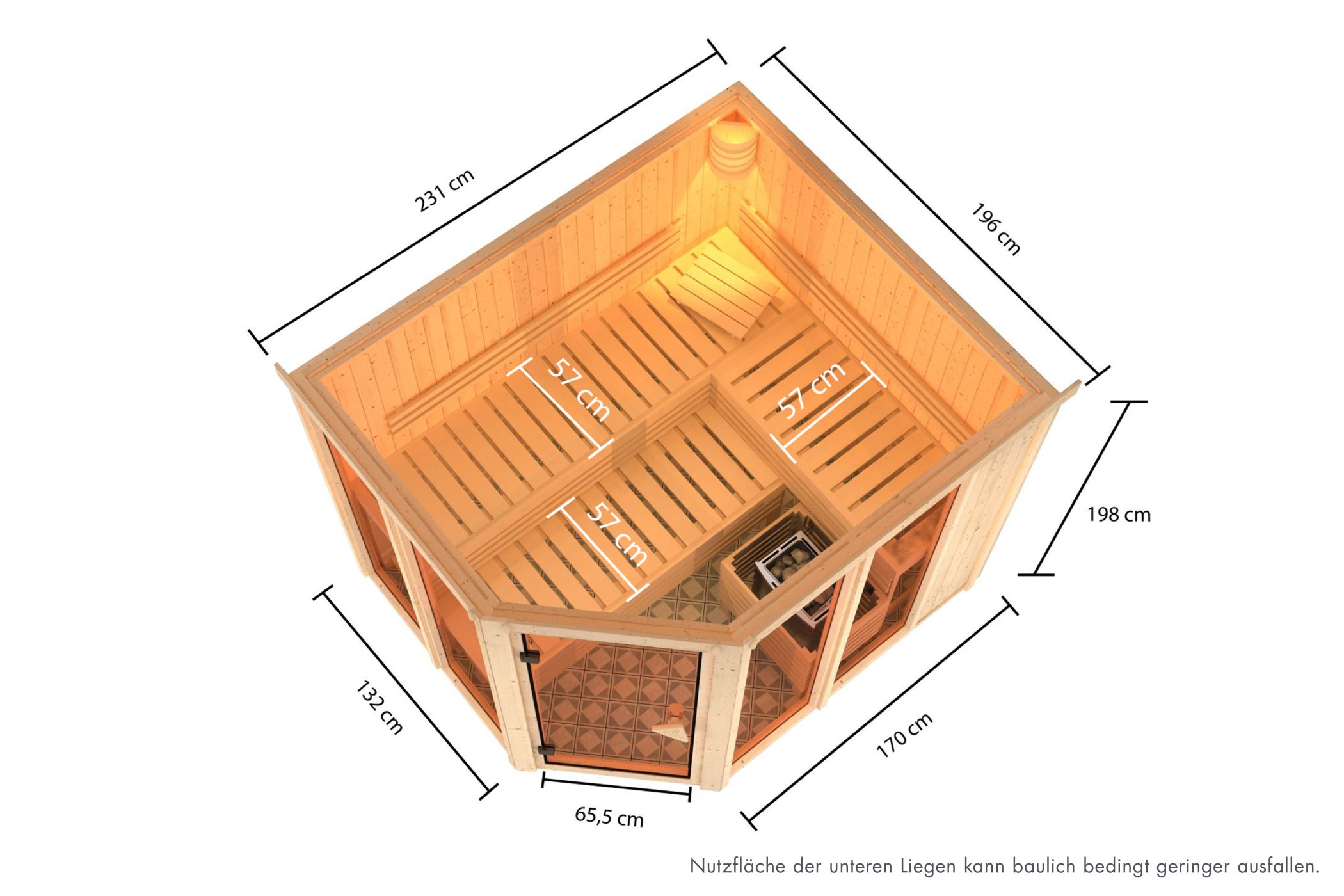 Maßzeichnung der Karibu Sauna Ainur mit Außenmaß 231 × 196 cm und Höhe 198 cm