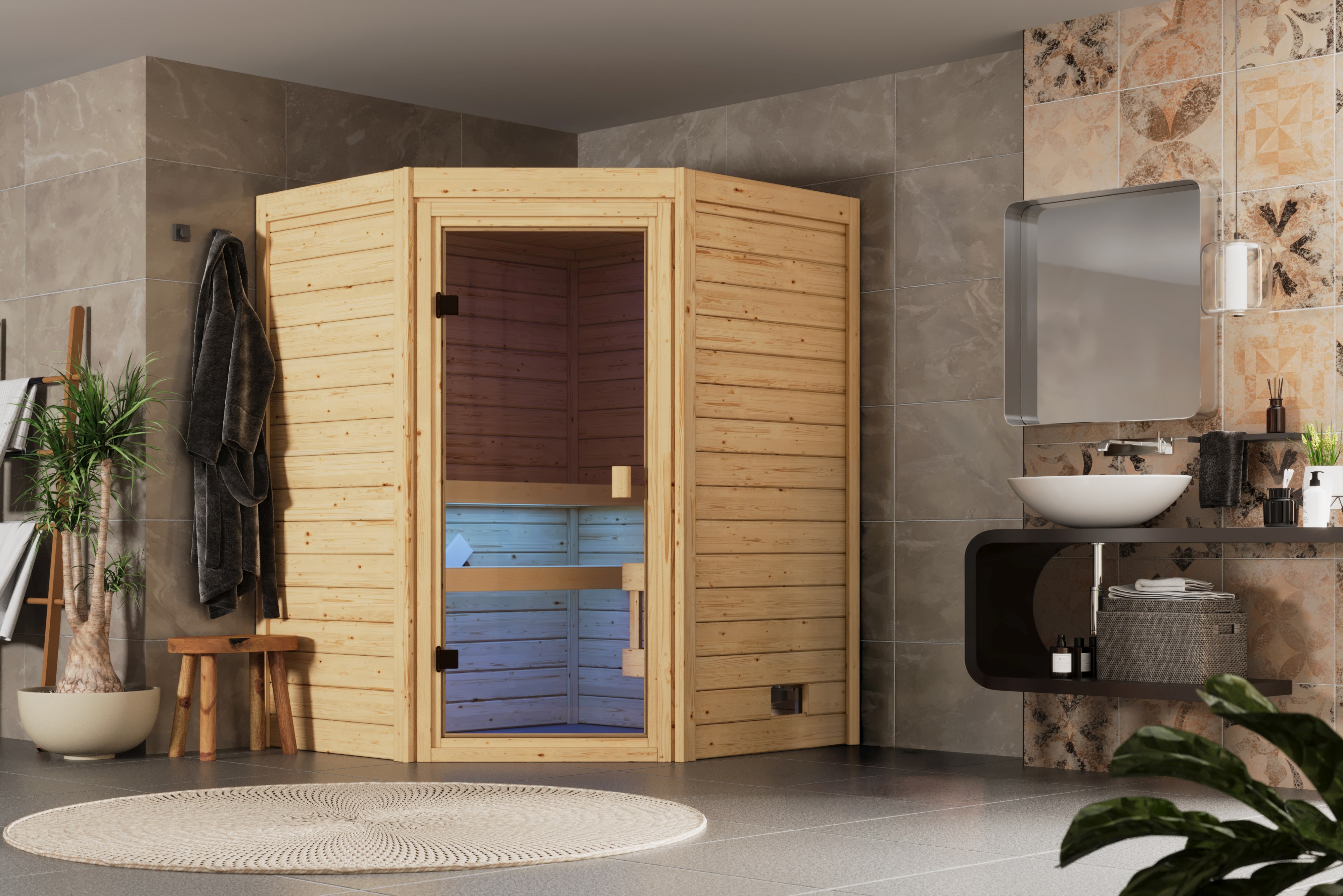 Karibu Sauna Eda als stimmungsvoller Wellnessbereich in einem modern eingerichteten Wohnraum
