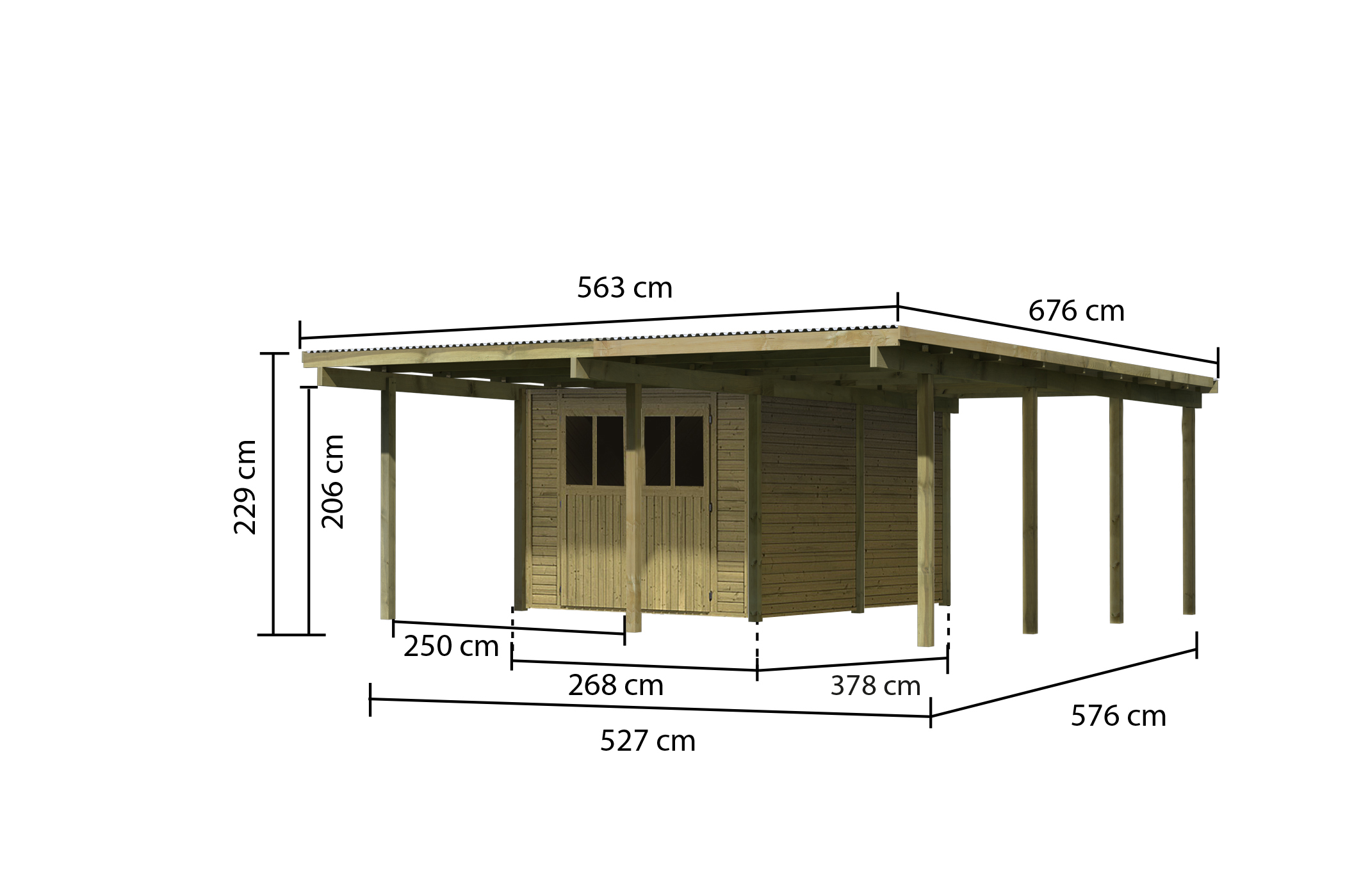 Maßzeichnung des Karibu Doppelcarport BASIC 2 mit Dachmaß 563 × 676 cm und Durchfahrtshöhe 206 cm