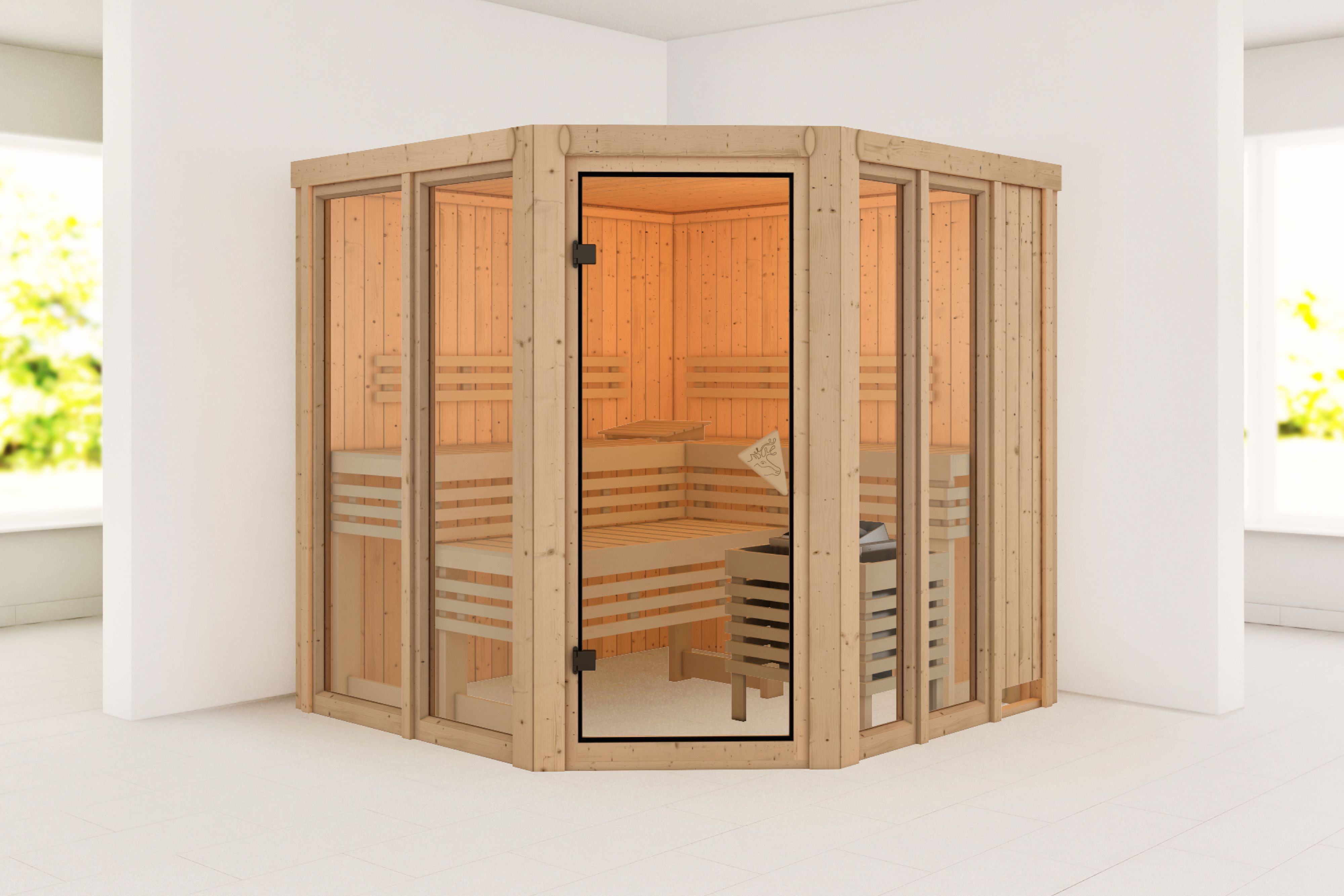 Außenansicht der Karibu Sauna Airi aus nordischer Fichte mit Ganzglastür und Fronteinstieg