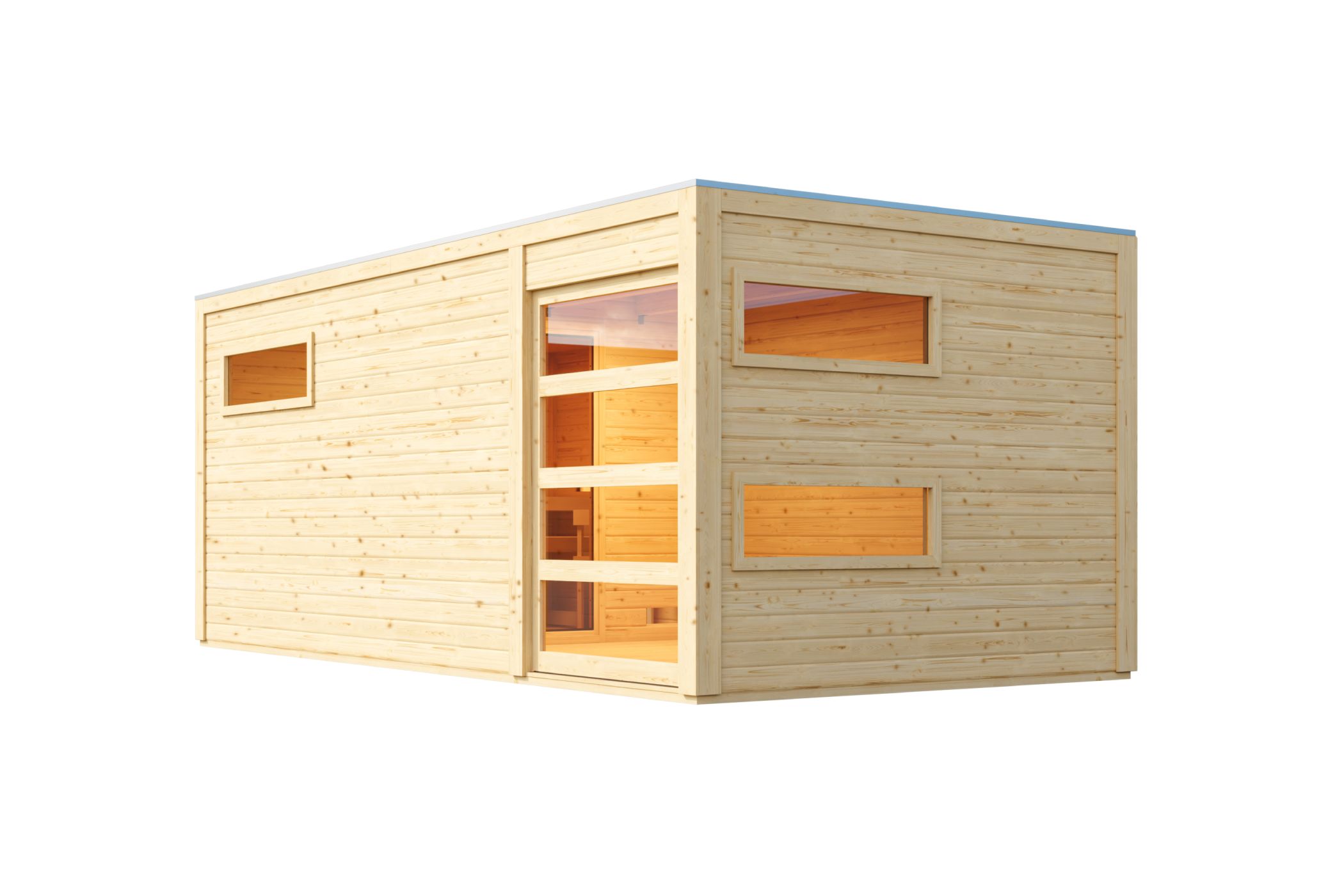 Freistellende Außenansicht der Karibu Saunahaus Hygge mit Vorraum aus Massivholz mit Glasfront und Lamellenwänden