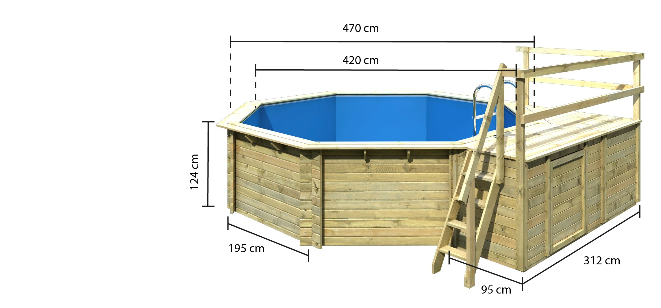 Bemaßte Maßzeichnung des Karibu Pool Modell 2, 428 × 428 cm