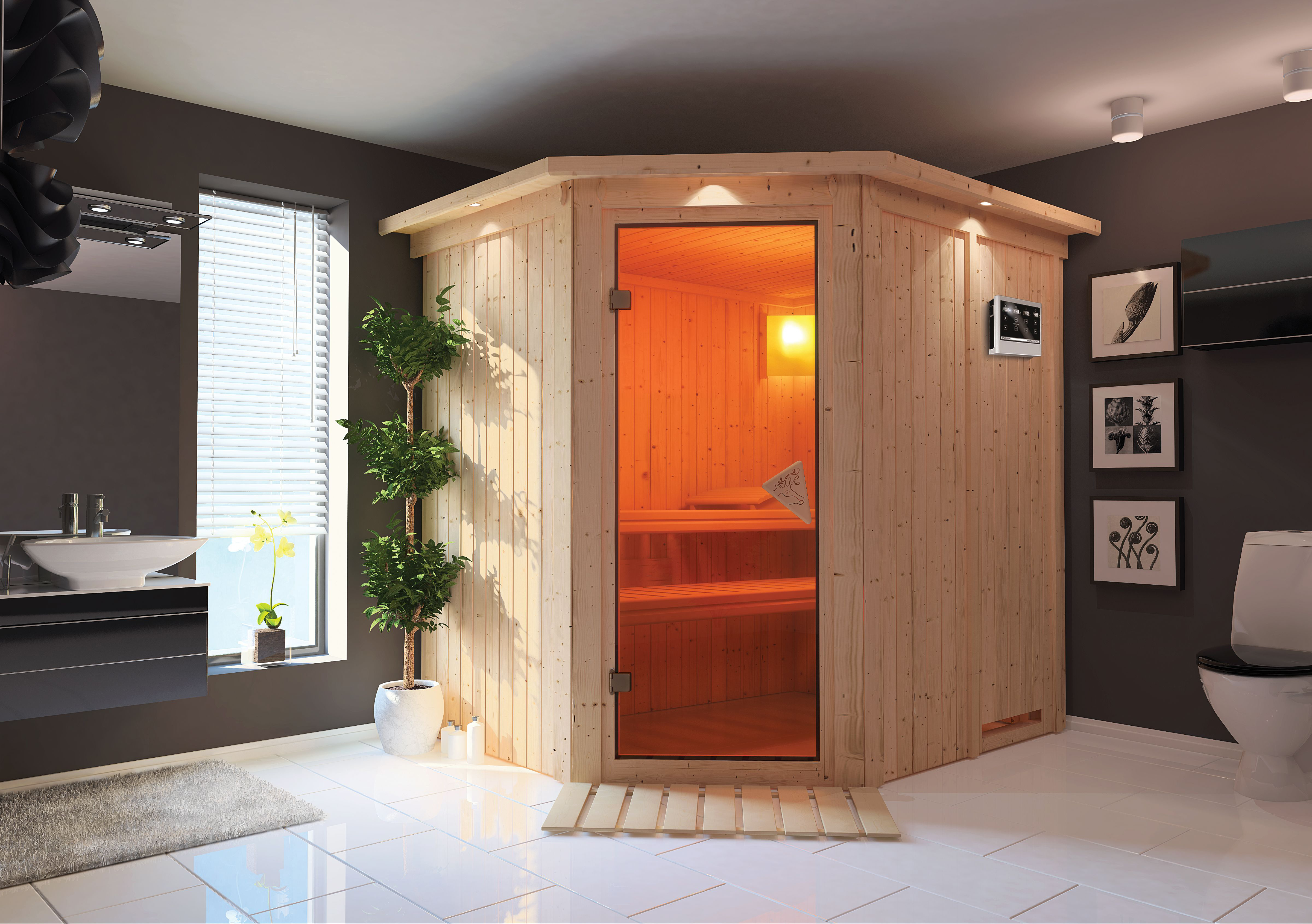 Karibu Sauna Siirin als stimmungsvoller Wellnessbereich in einem modern eingerichteten Wohnraum
