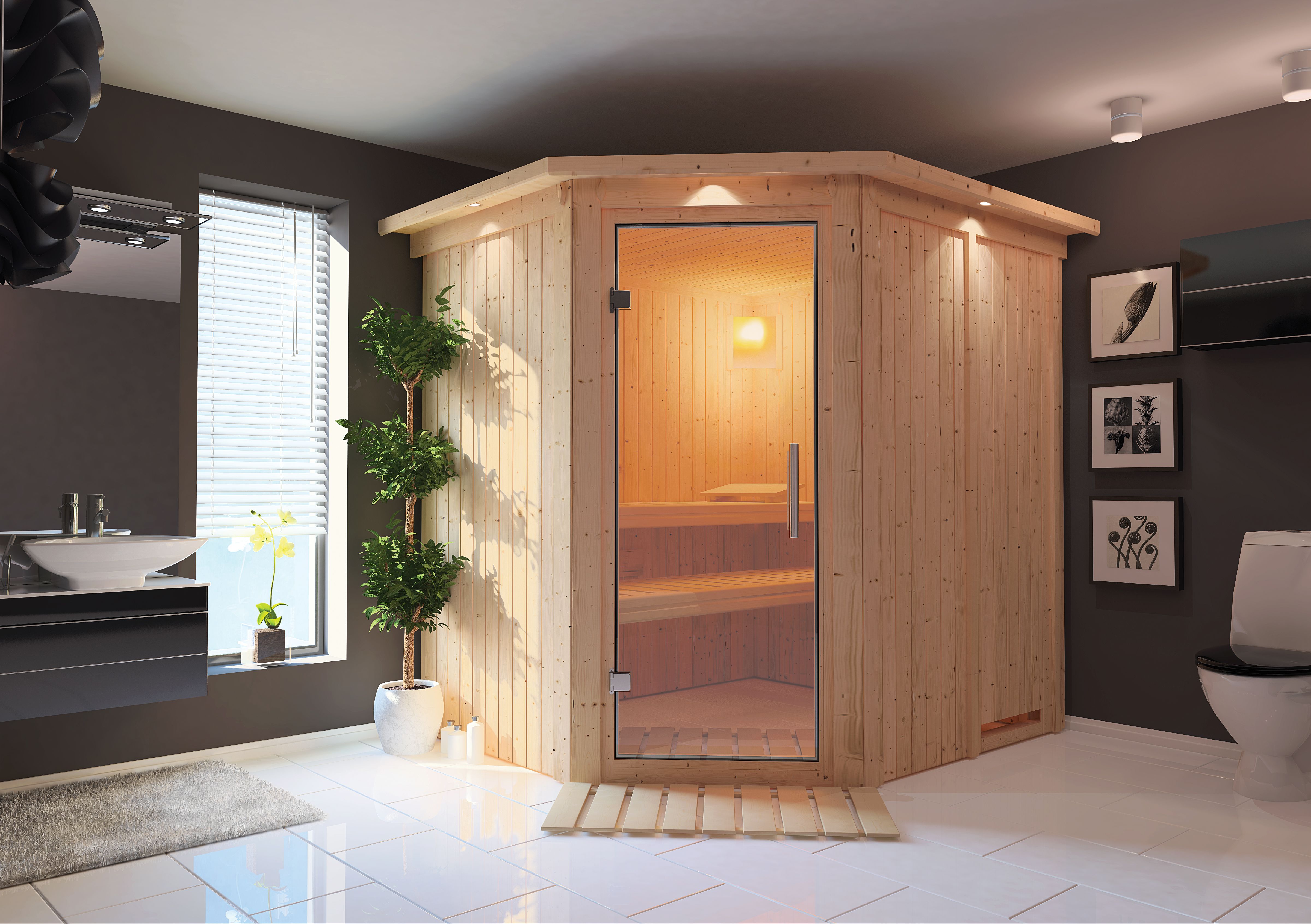Karibu Sauna Siirin als stimmungsvoller Wellnessbereich in einem modern eingerichteten Wohnraum
