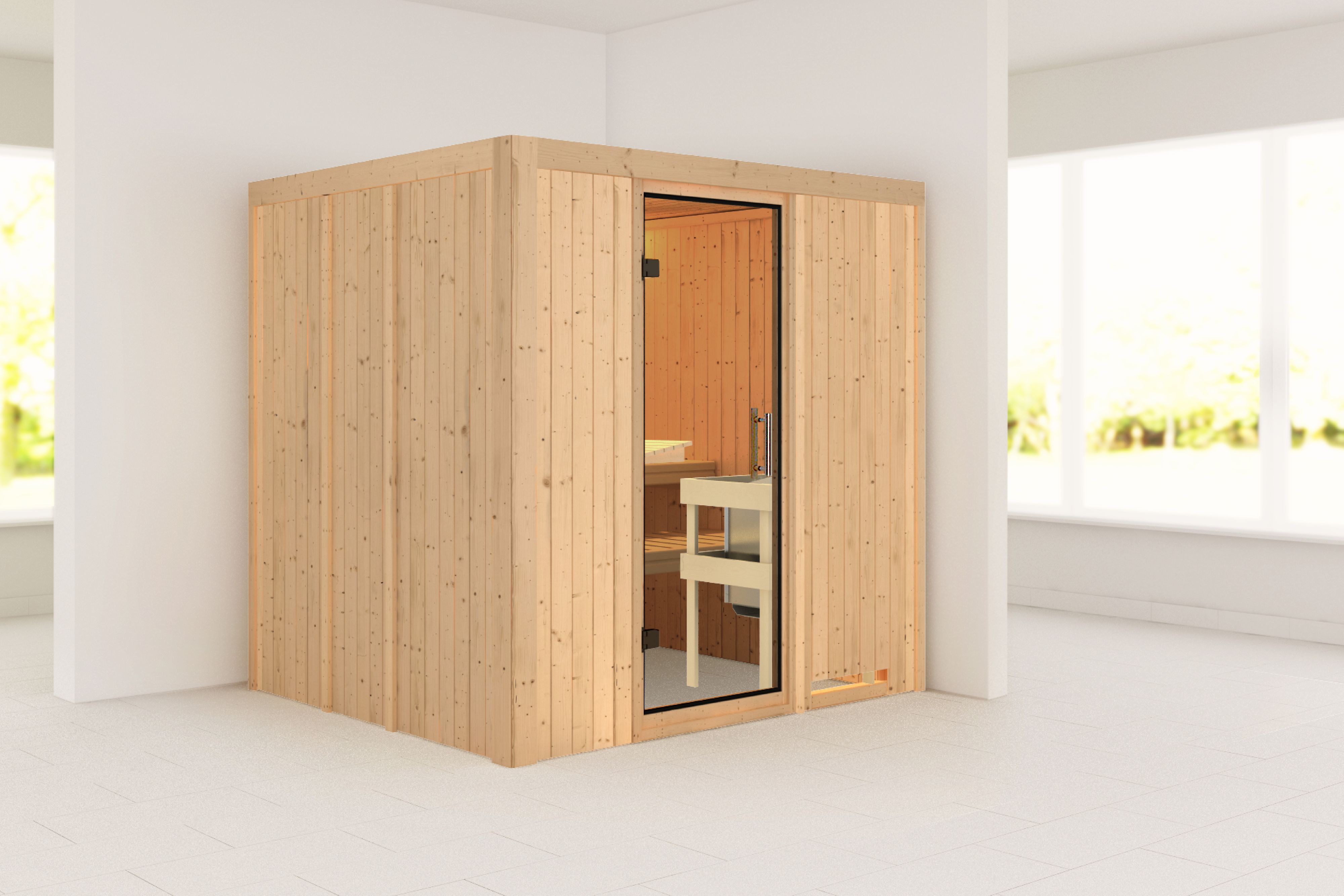Außenansicht der Karibu Sauna Sodin aus nordischer Fichte mit Klarglas-Ganzglastür und Fronteinstieg
