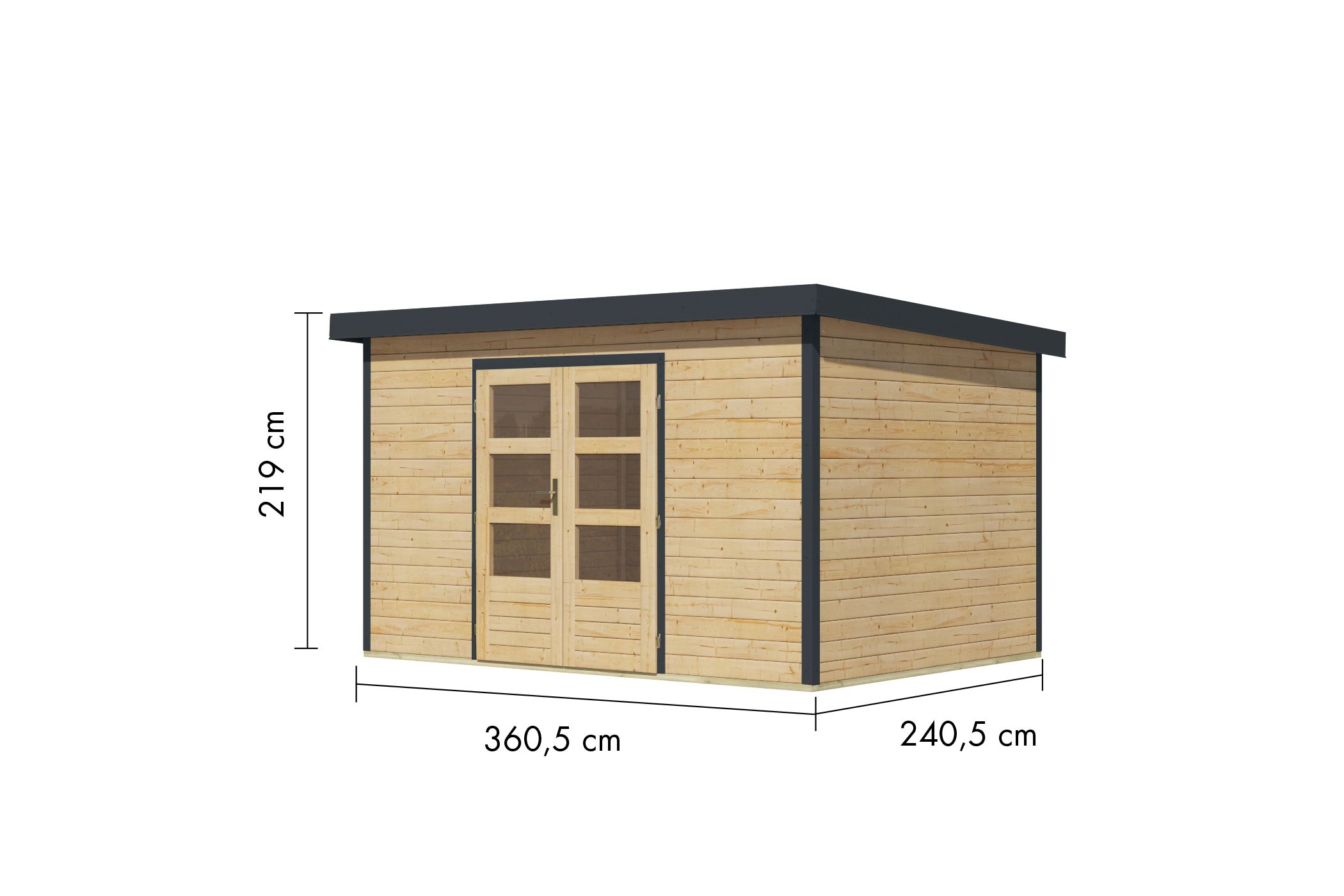 Bemaßte Maßzeichnung des Karibu Gartenhaus Holz & Metall Pluto 7, 360 × 240 cm