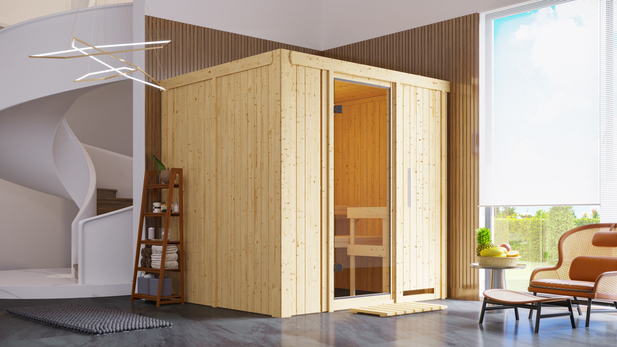 Karibu Sauna Daria als hochwertige Sauna aus nordischer Fichte im Wohnraum-Ambiente