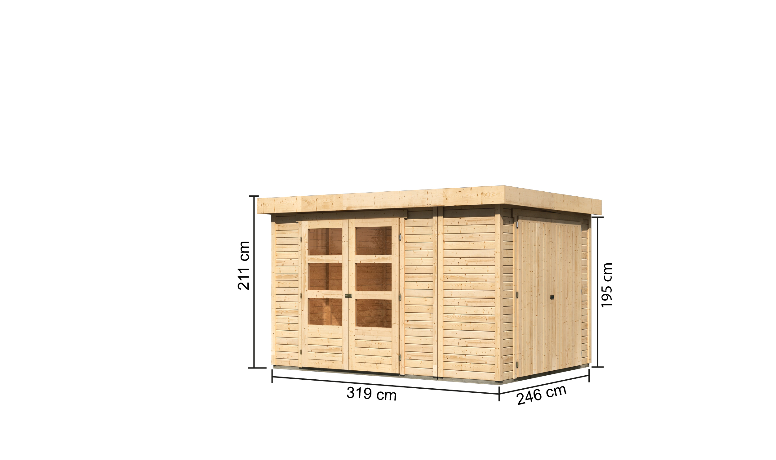 Bemaßte Maßzeichnung des Karibu großes Gerätehaus Retola 4, 319 × 246 cm