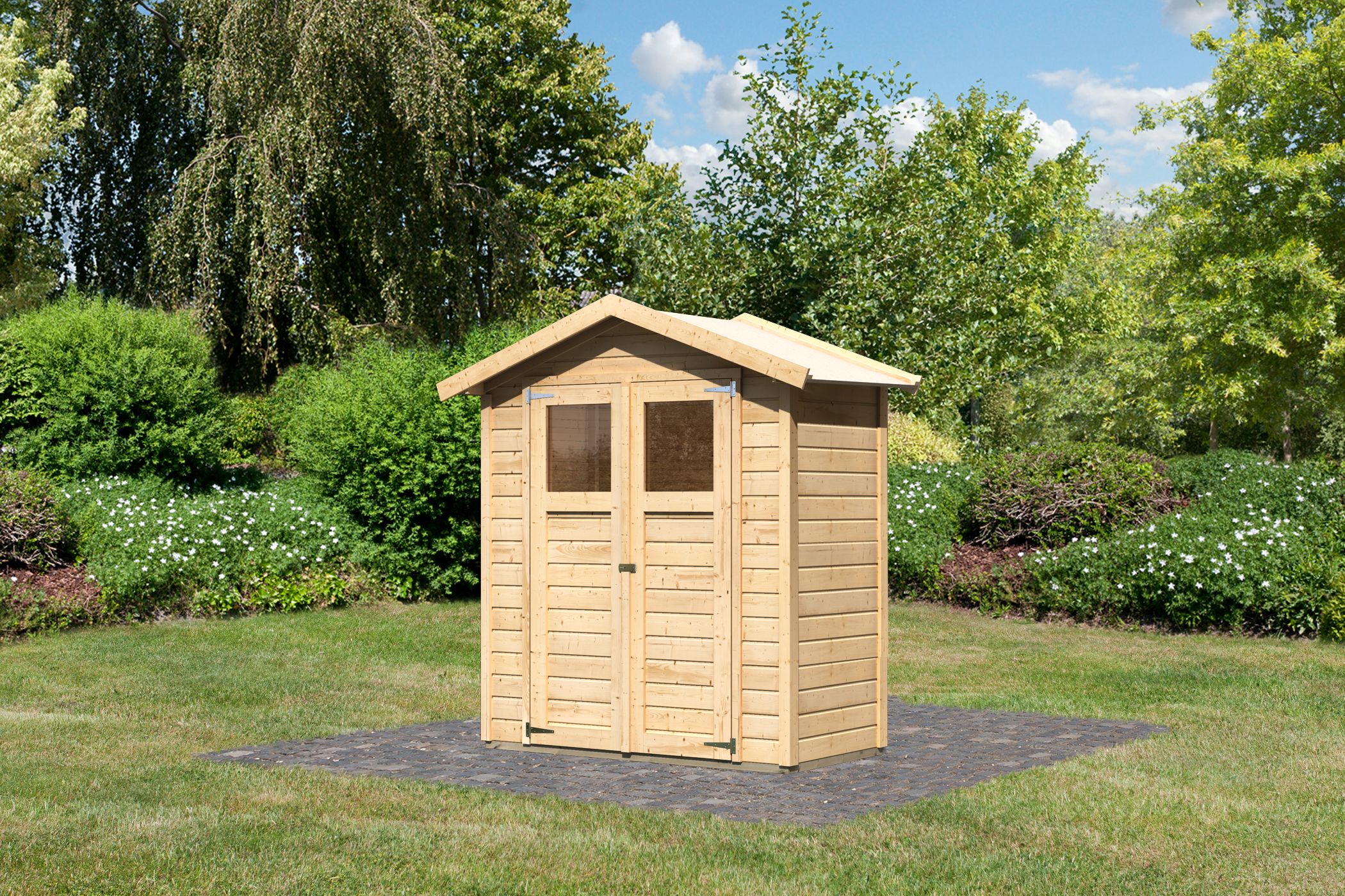 Karibu kleines Gerätehaus Dahme 0 aus Holz, im Garten aufgebaut