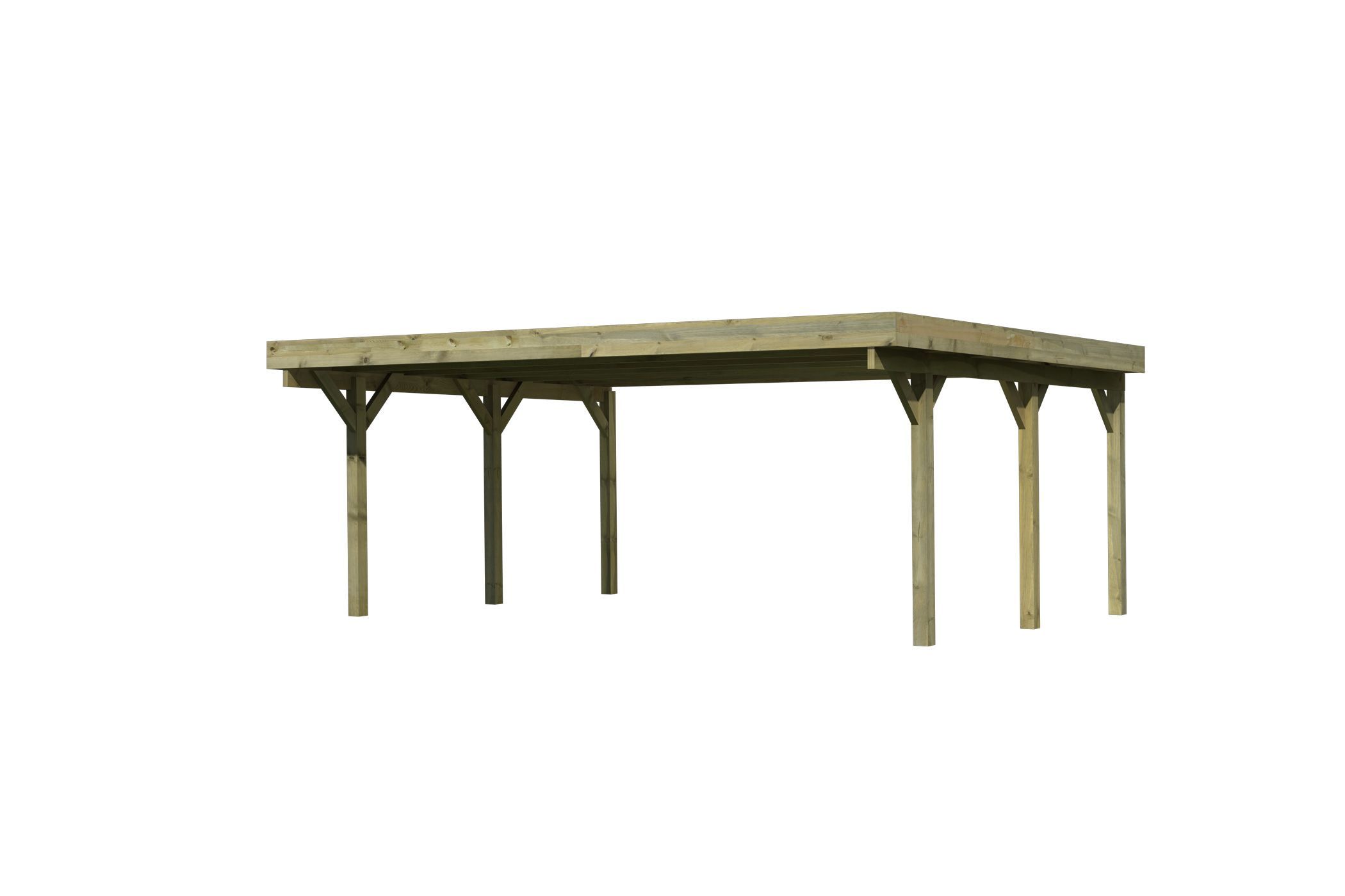 Außenansicht des Karibu Doppelcarport Classic 1 aus KDI-Massivholz mit Flachdach im Garten aufgebaut