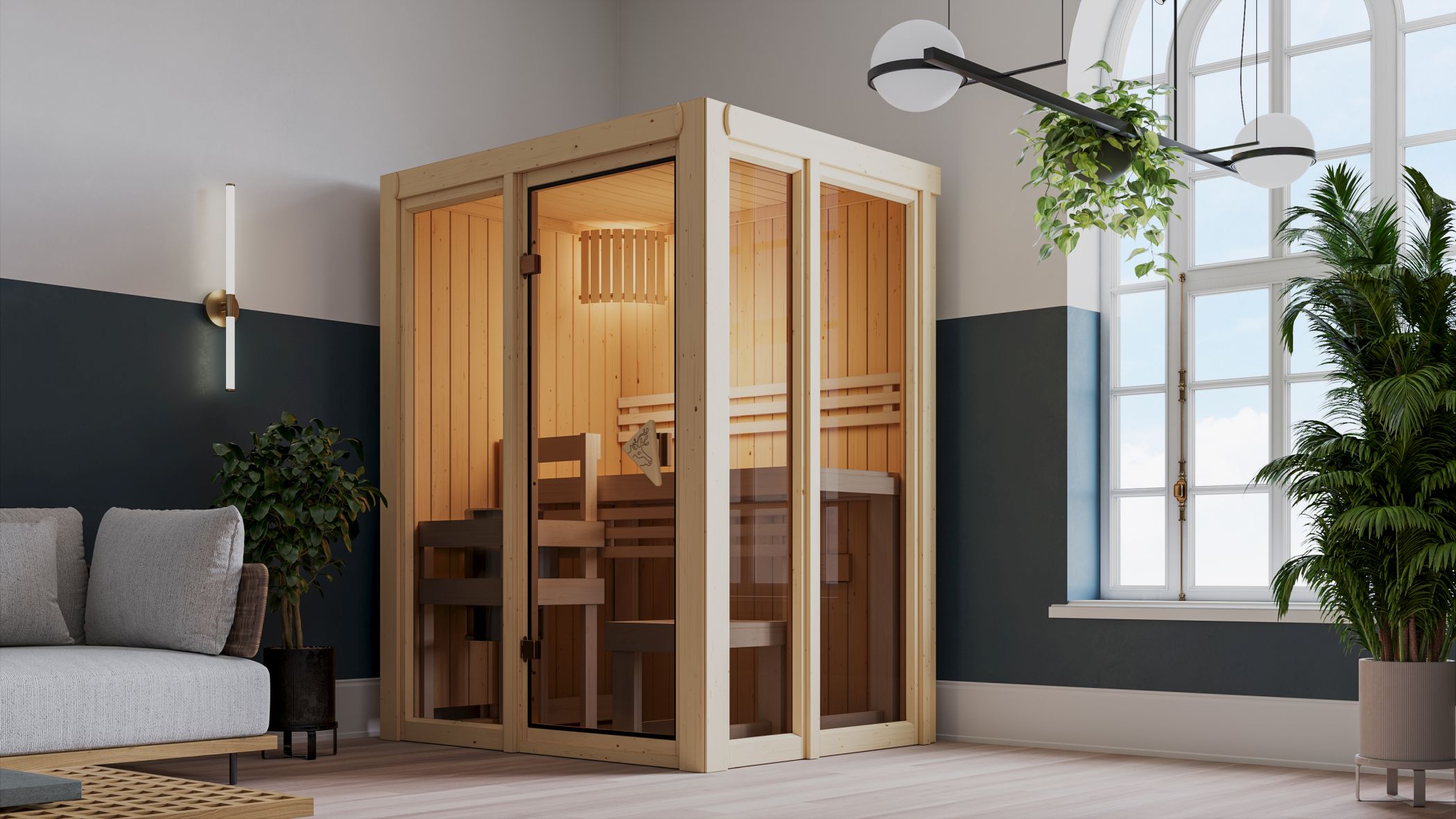 Karibu Sauna Irava 1 als hochwertige Sauna aus nordischer Fichte im Wohnraum-Ambiente