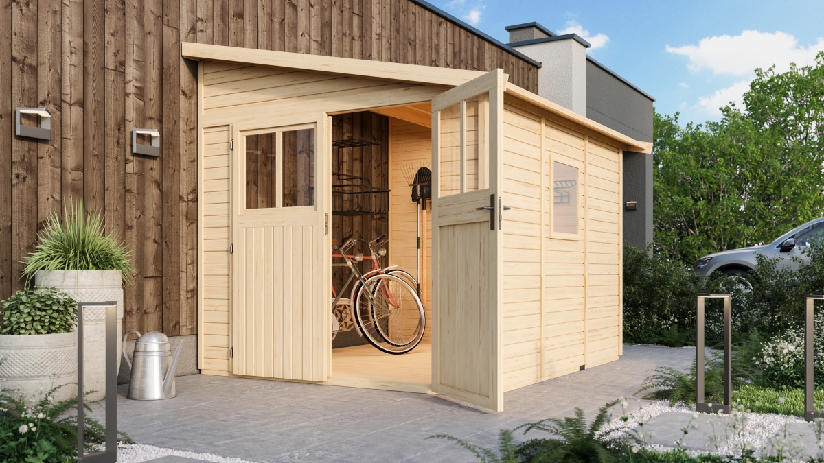 Karibu Gerätehaus Bomlitz 3 mit Anbaudach im Garten