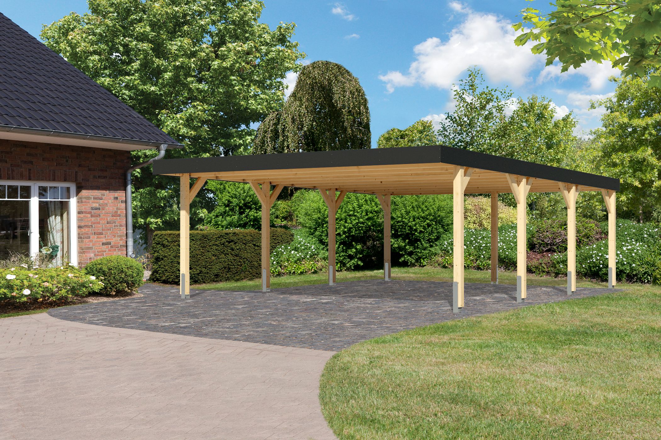 Außenansicht des Karibu Doppelcarport Leimholz 2 aus Leimholz mit Flachdach im Garten aufgebaut