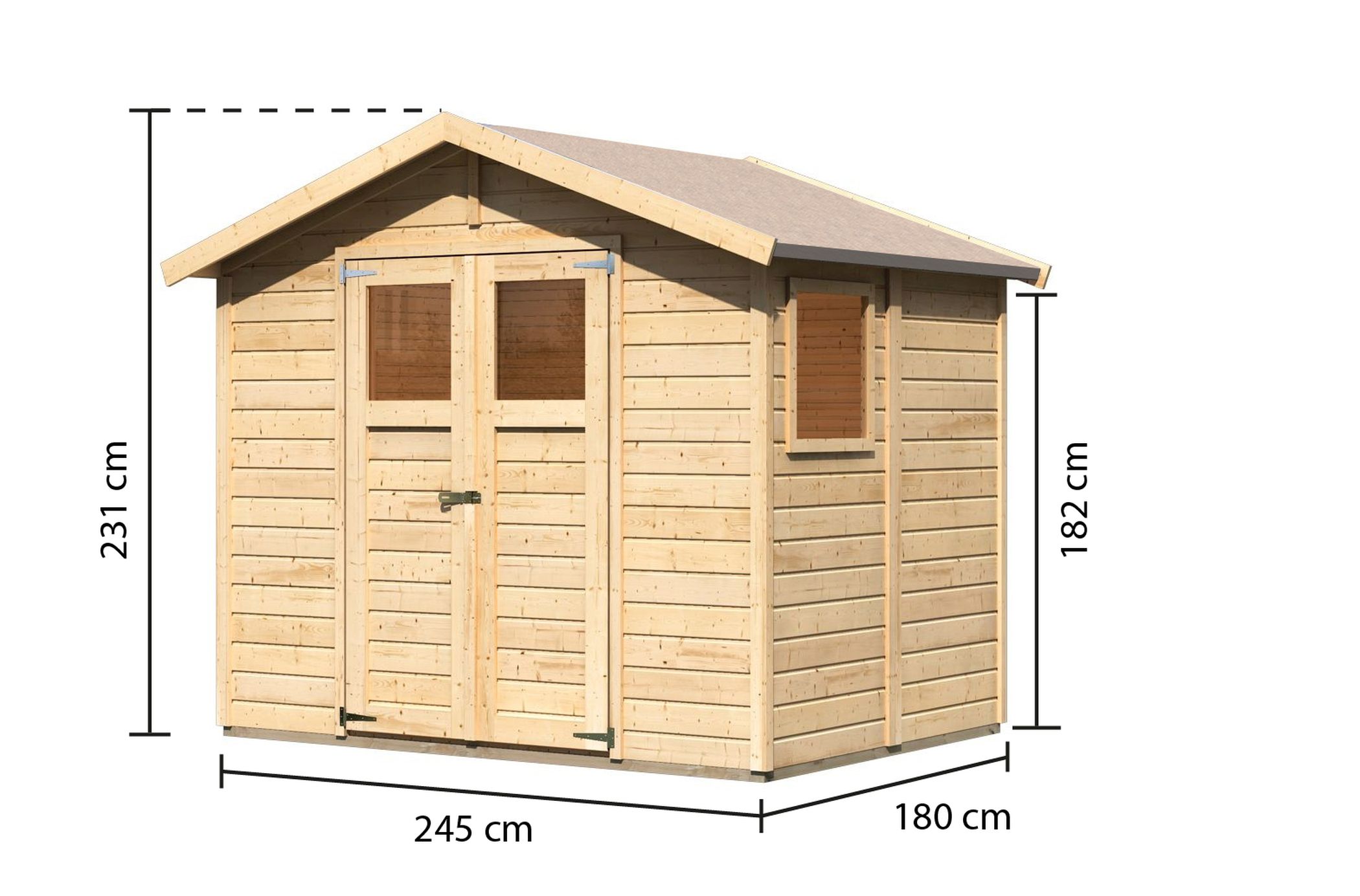 Maßzeichnung der Karibu Gerätehaus Dalin 1 mit Bemaßung von Grundfläche und Höhe