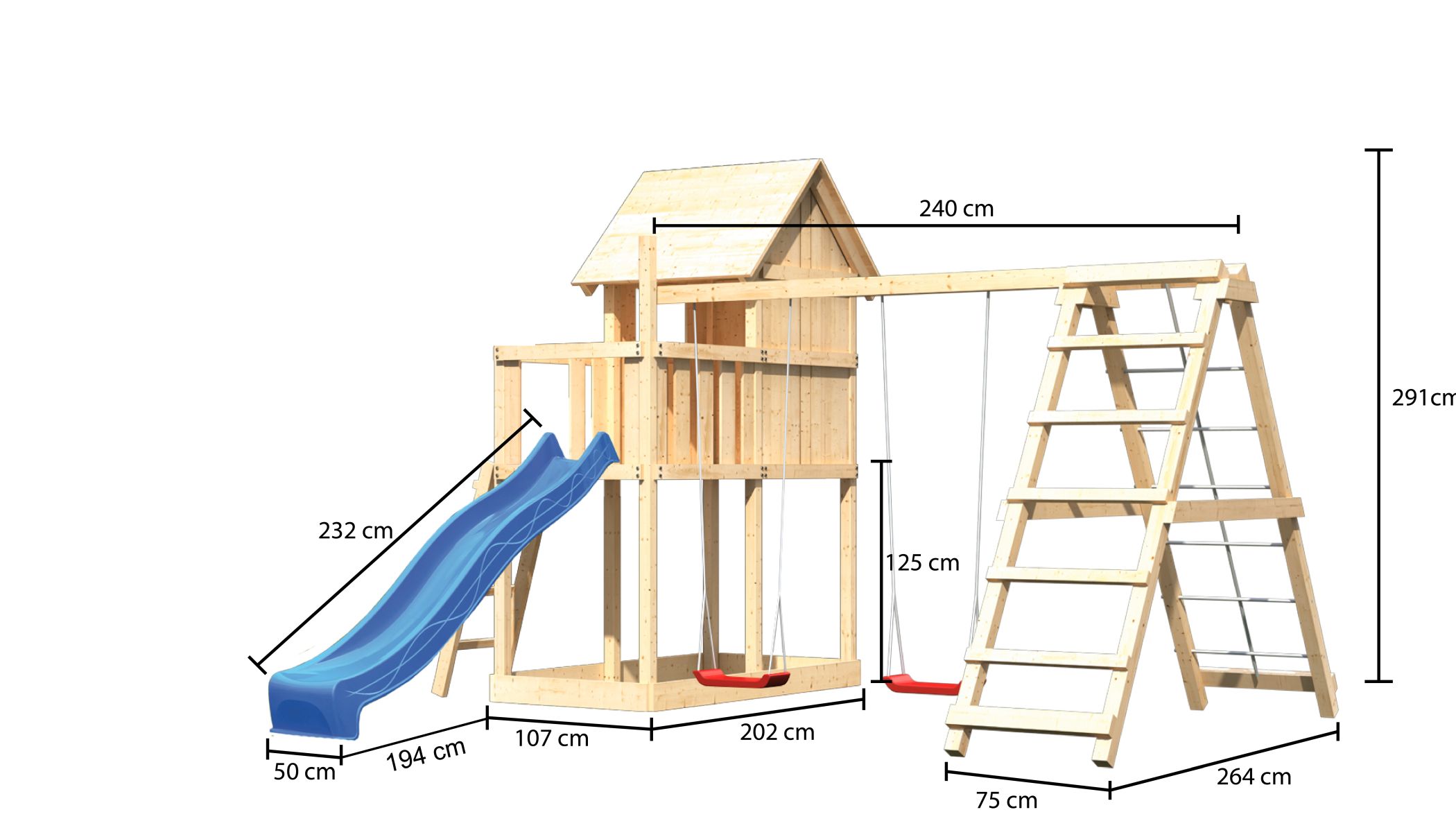 Maßzeichnung des AKUBI Kinderspielhaus Frieda mit Bemaßung von Grundfläche und Höhe