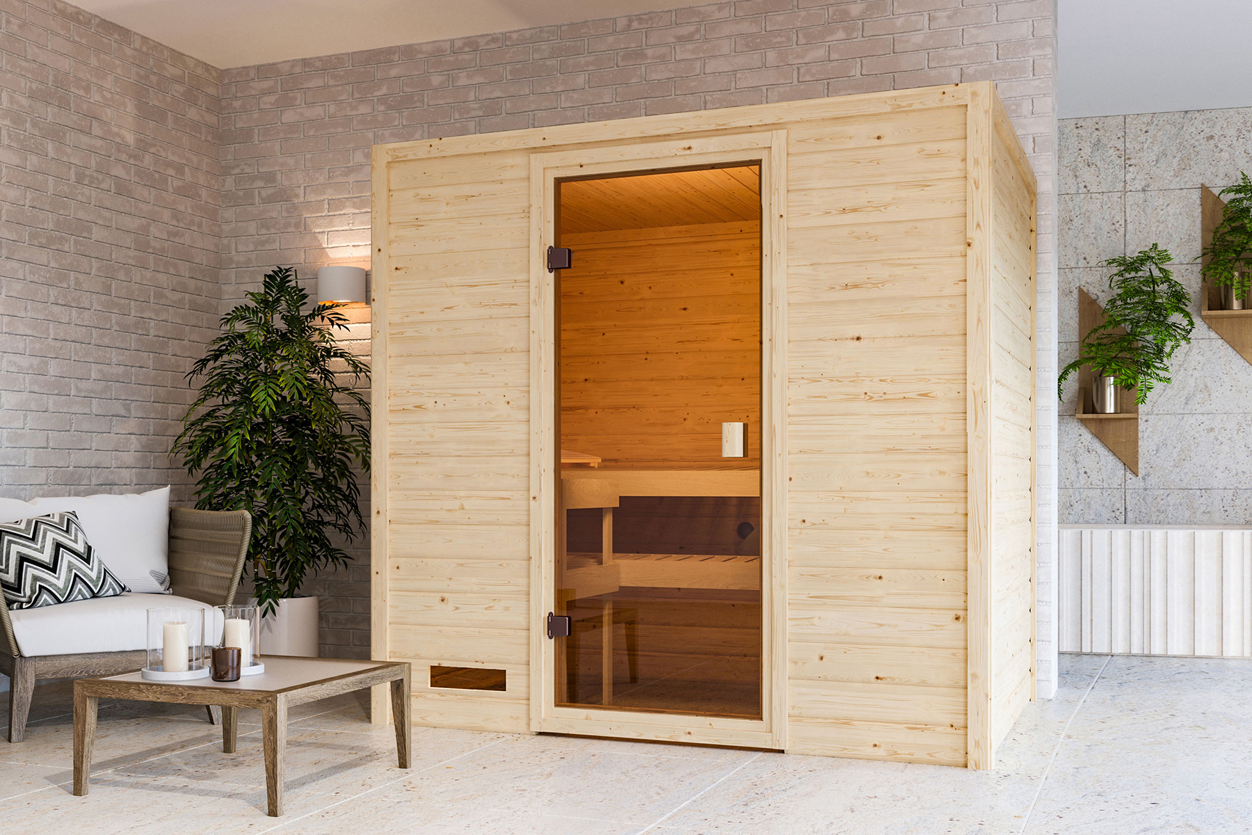 Karibu Sauna Selena als hochwertige Sauna aus nordischer Fichte im Wohnraum-Ambiente